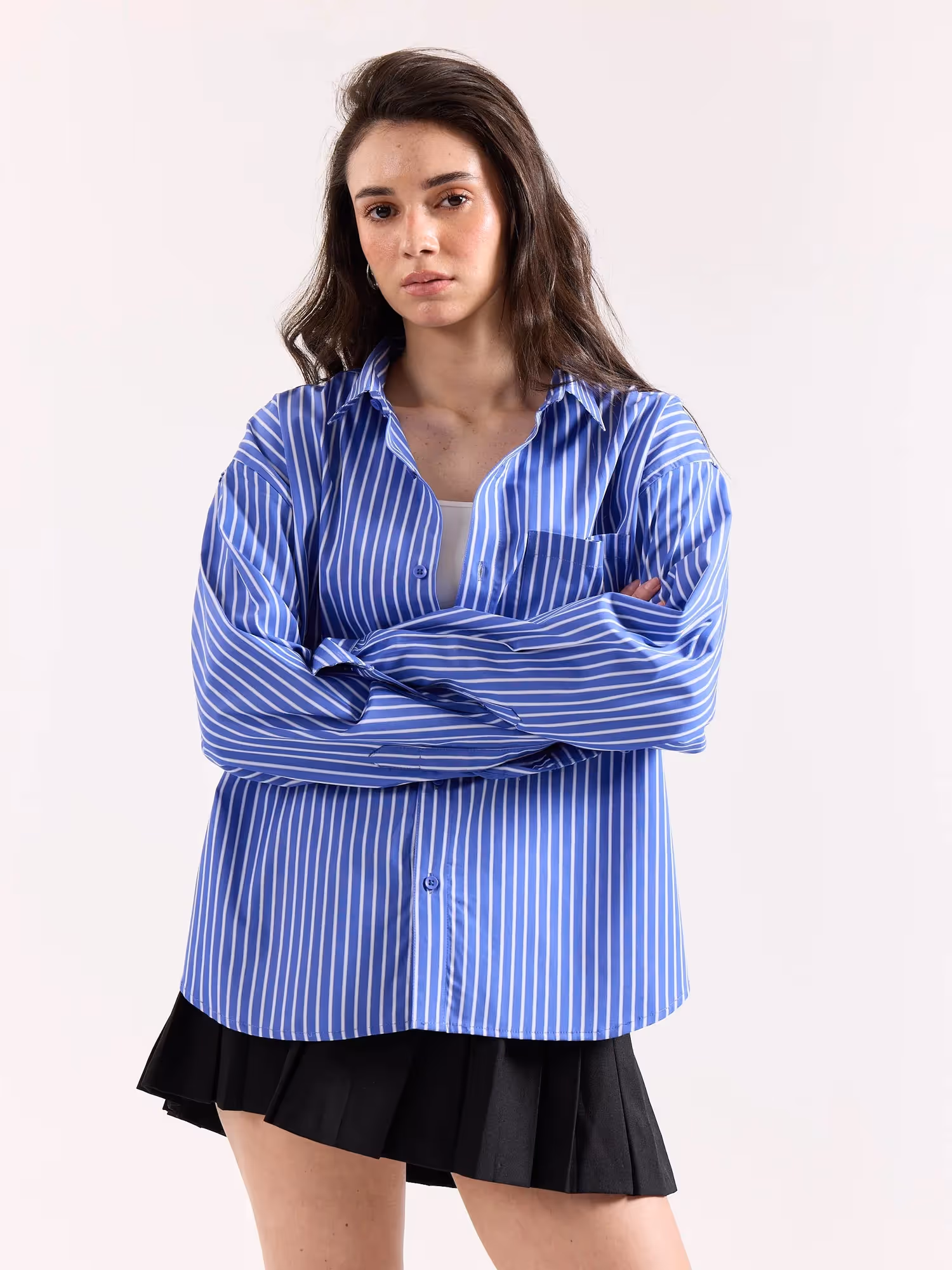 Royal Blue Striped Poplin Oversized Shirt image 4
