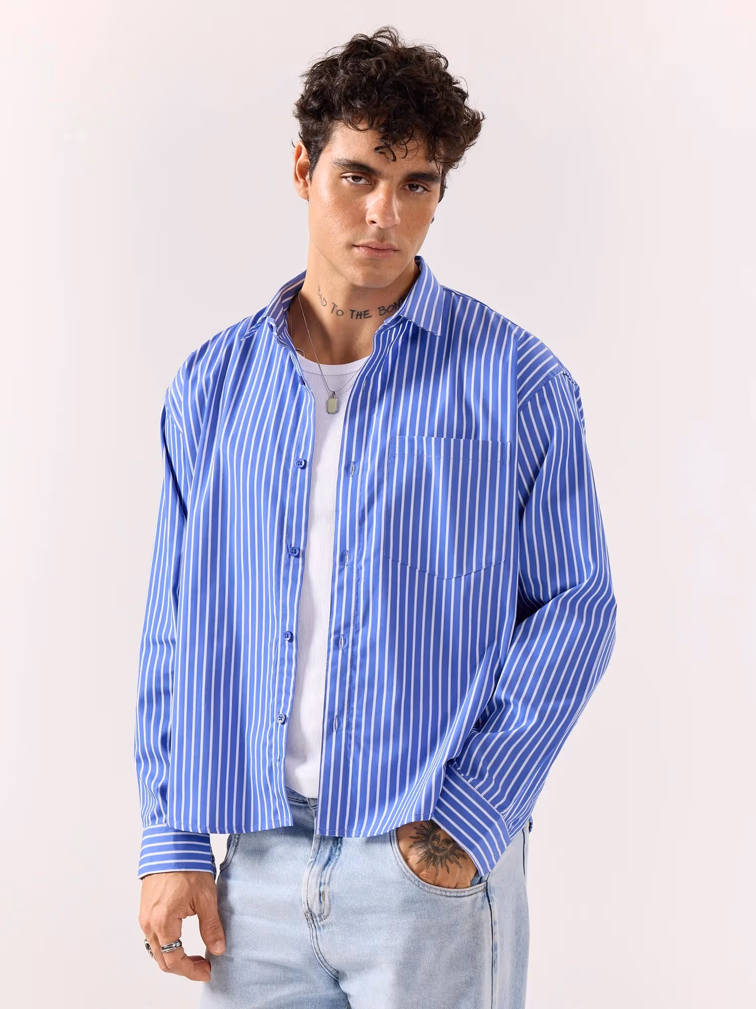 Royal Blue Striped Poplin Oversized Shirt image 6