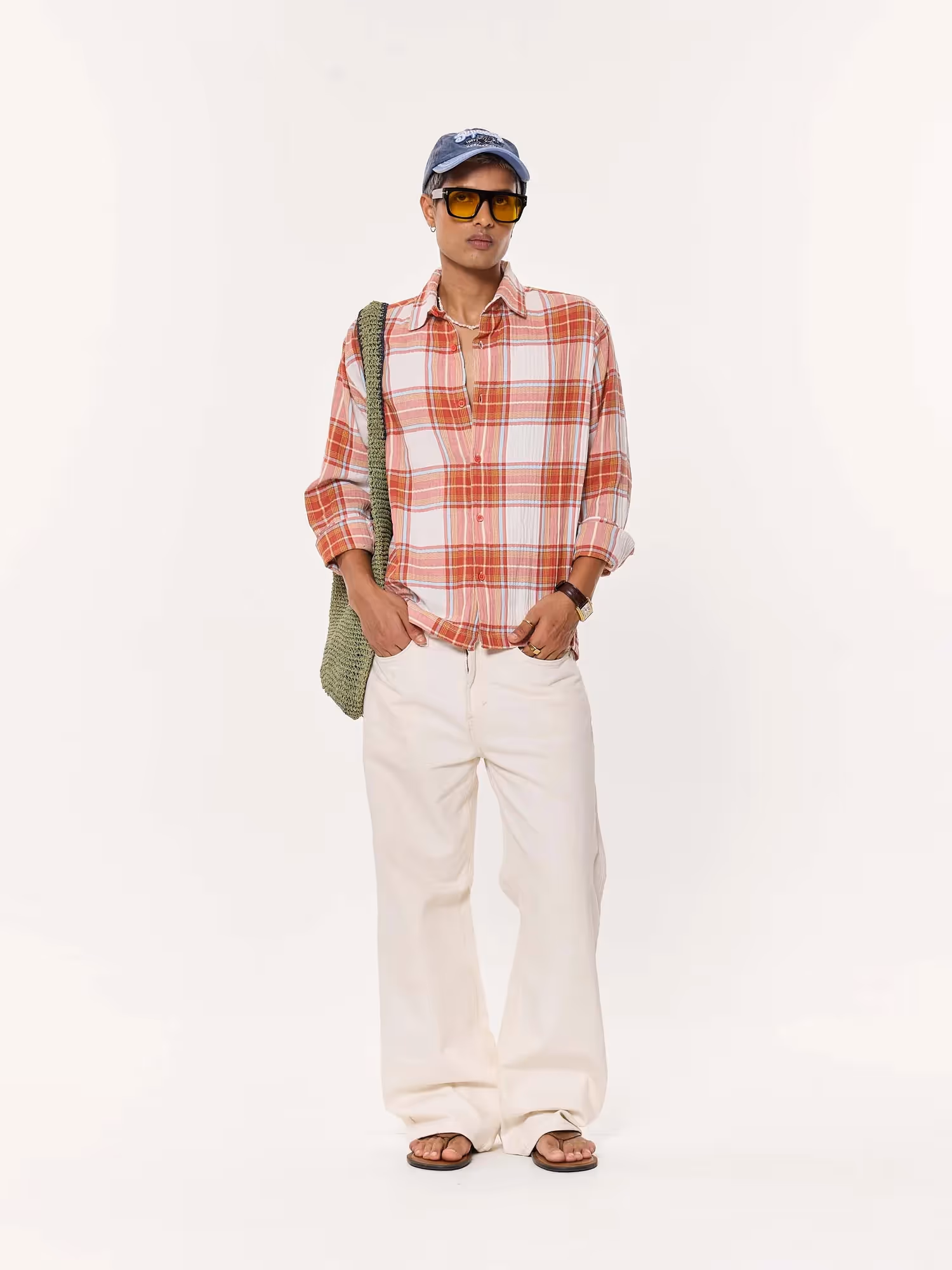 Rust Checkered Seersucker Oversized Cropped Shirt image 1