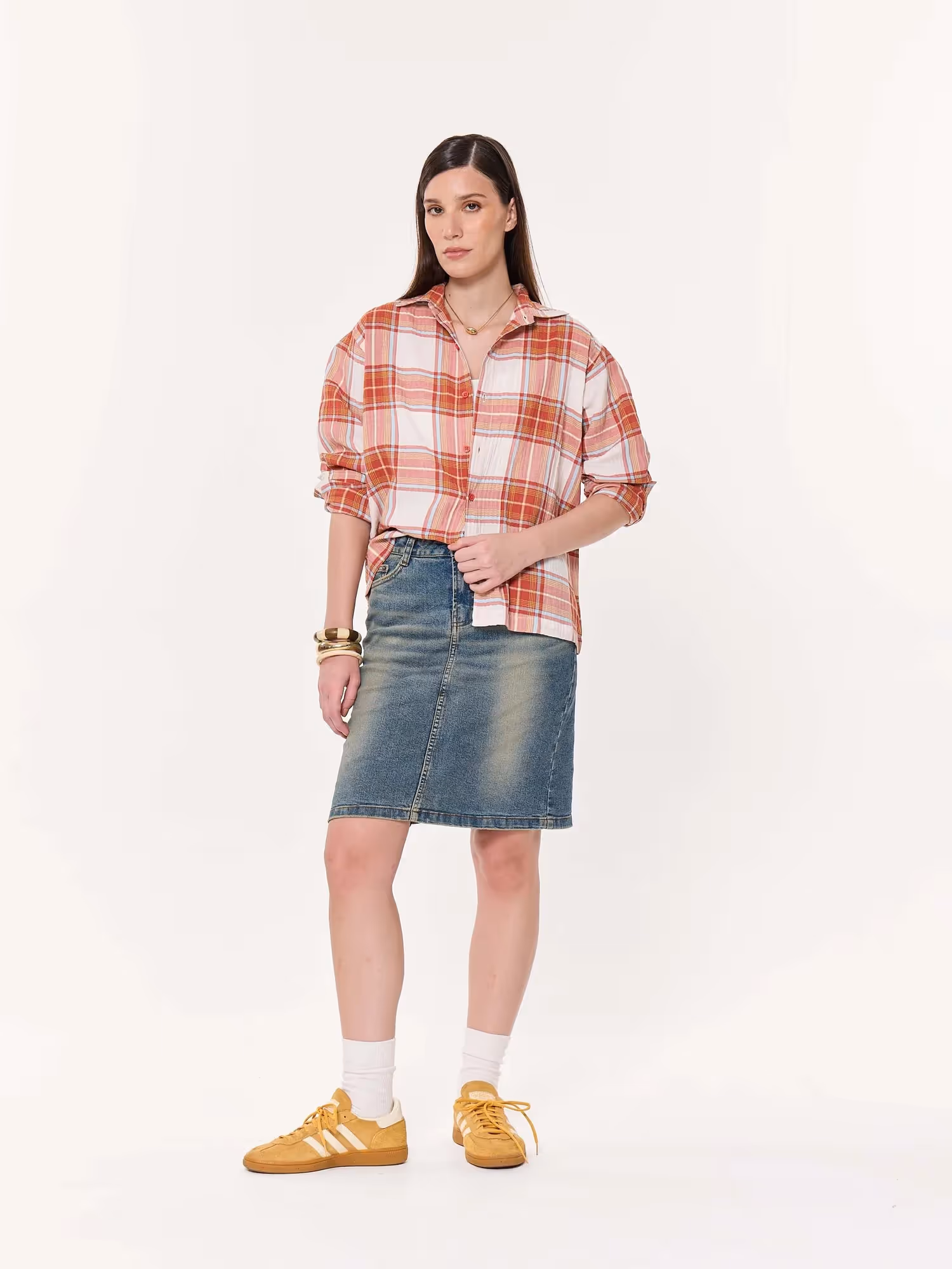 Rust Checkered Seersucker Oversized Cropped Shirt image 2
