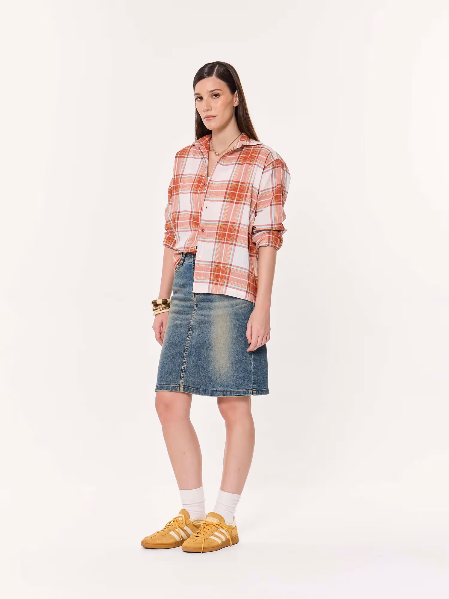 Rust Checkered Seersucker Oversized Cropped Shirt image 3