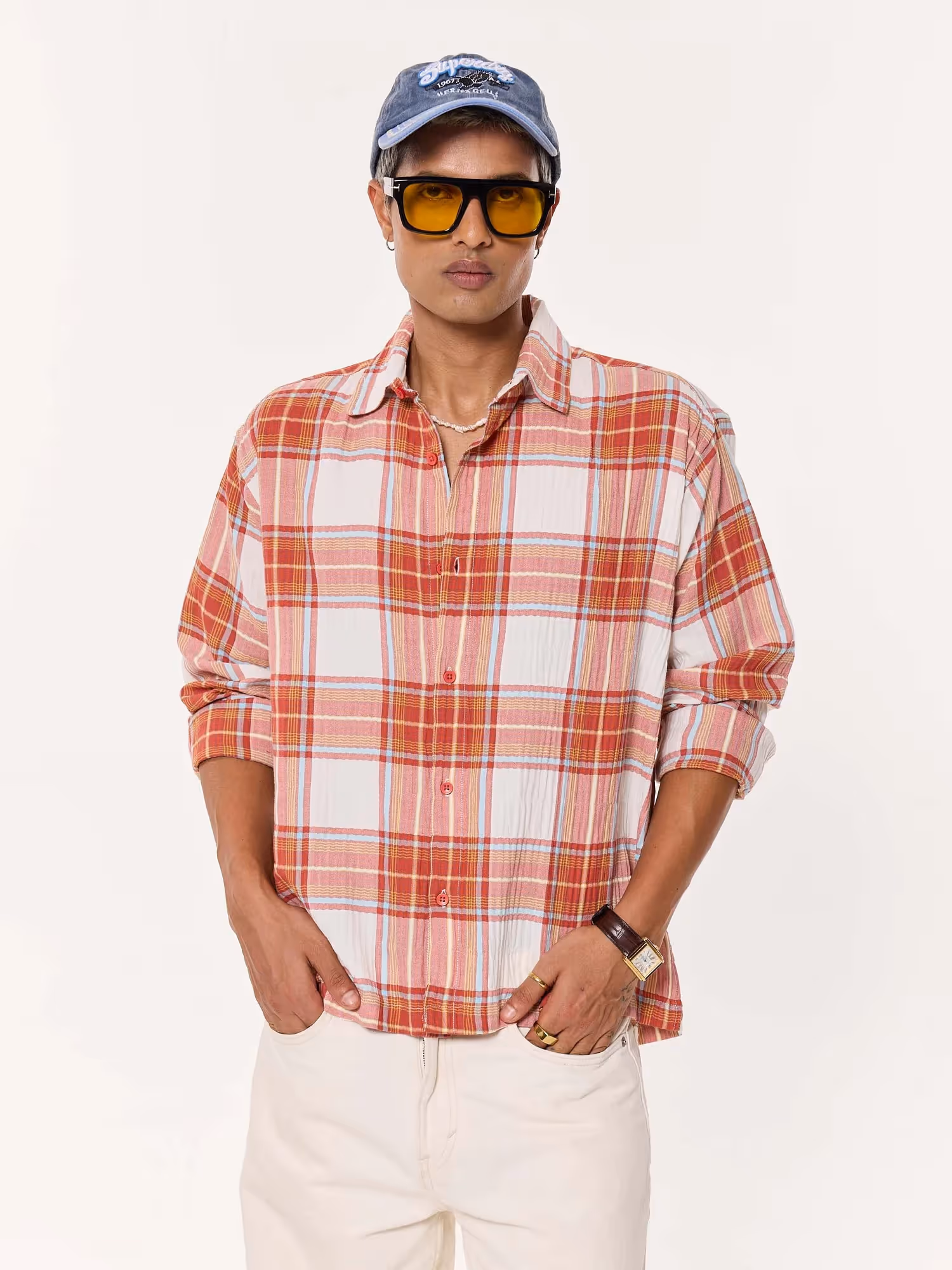 Rust Checkered Seersucker Oversized Cropped Shirt image 4