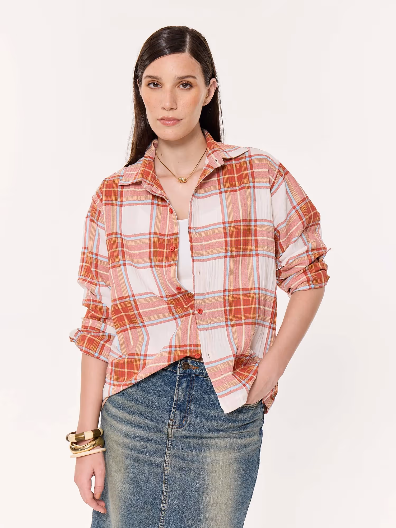 Rust Checkered Seersucker Oversized Cropped Shirt image 5