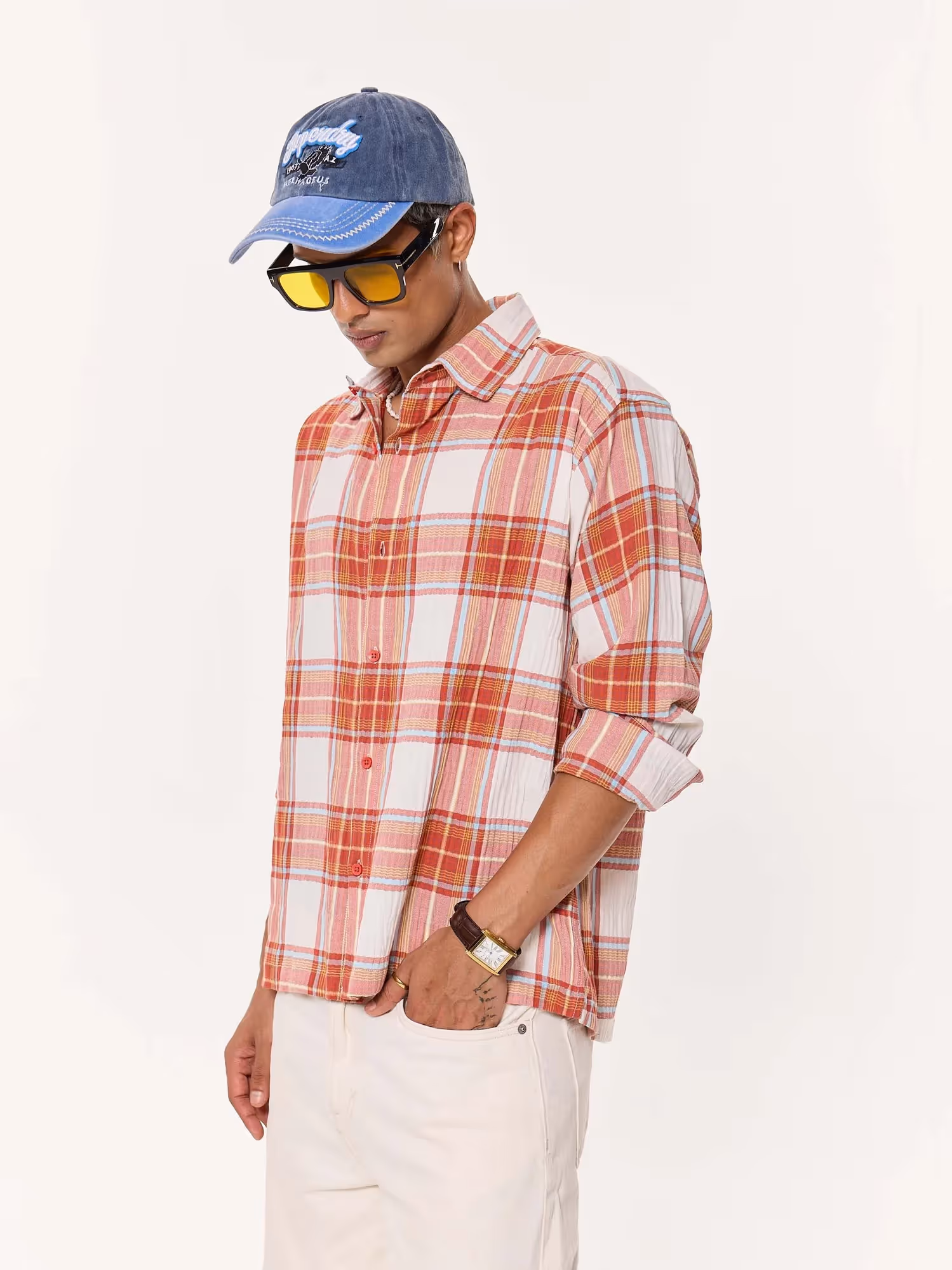 Rust Checkered Seersucker Oversized Cropped Shirt image 6