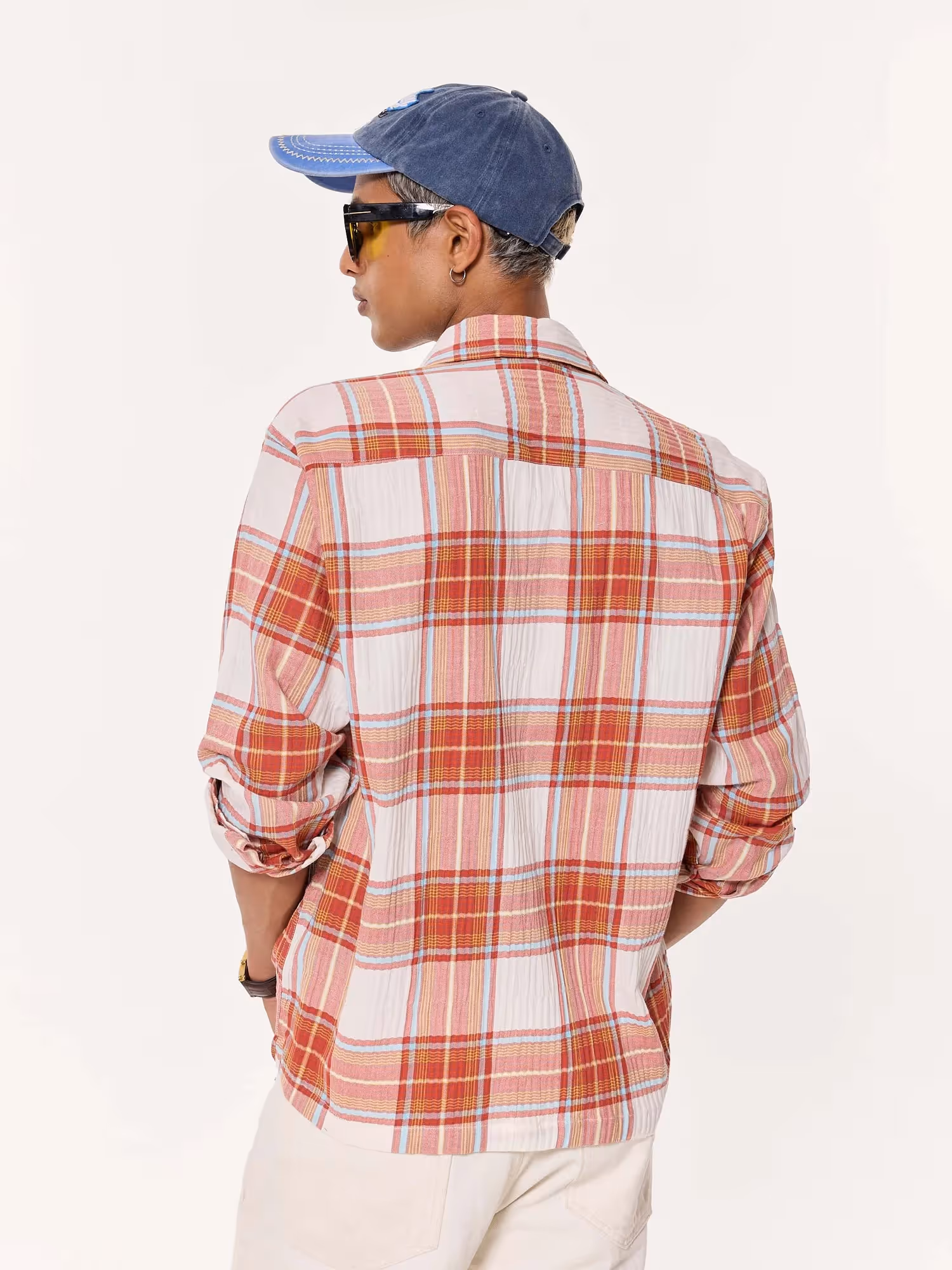 Rust Checkered Seersucker Oversized Cropped Shirt image 7