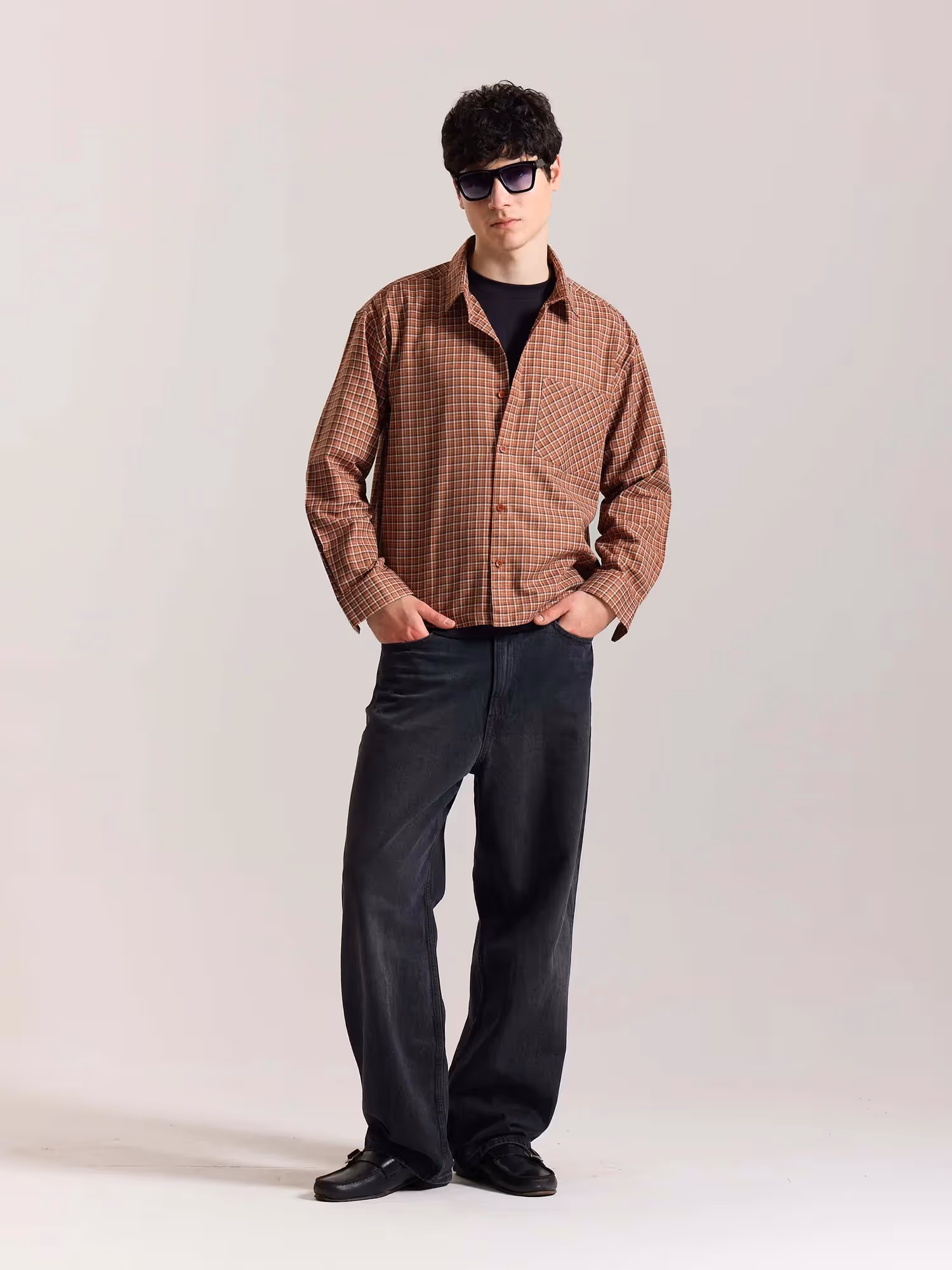 Rust Orange Checkered Oversized Cropped Shirt image 1