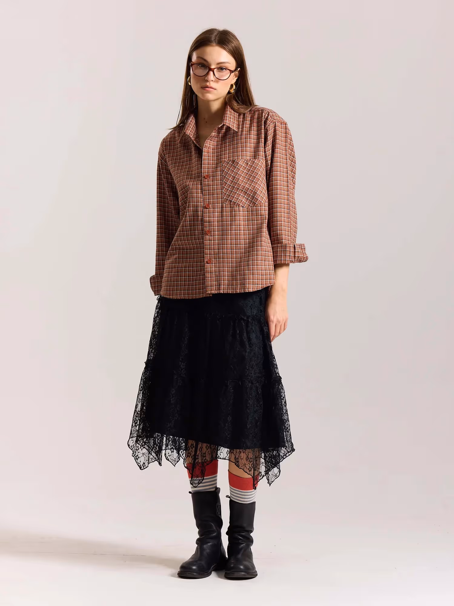 Rust Orange Checkered Oversized Cropped Shirt image 2
