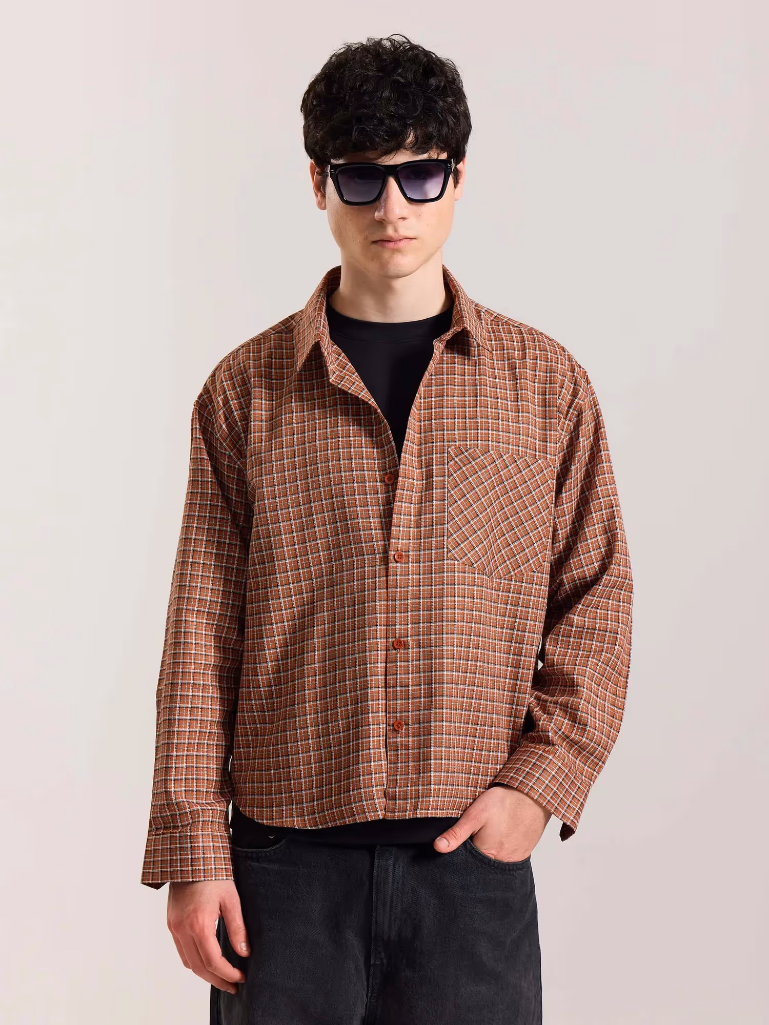 Rust Orange Checkered Oversized Cropped Shirt image 3