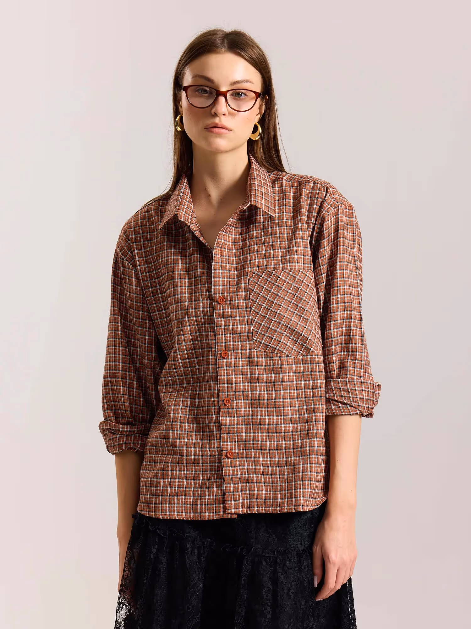 Rust Orange Checkered Oversized Cropped Shirt image 4