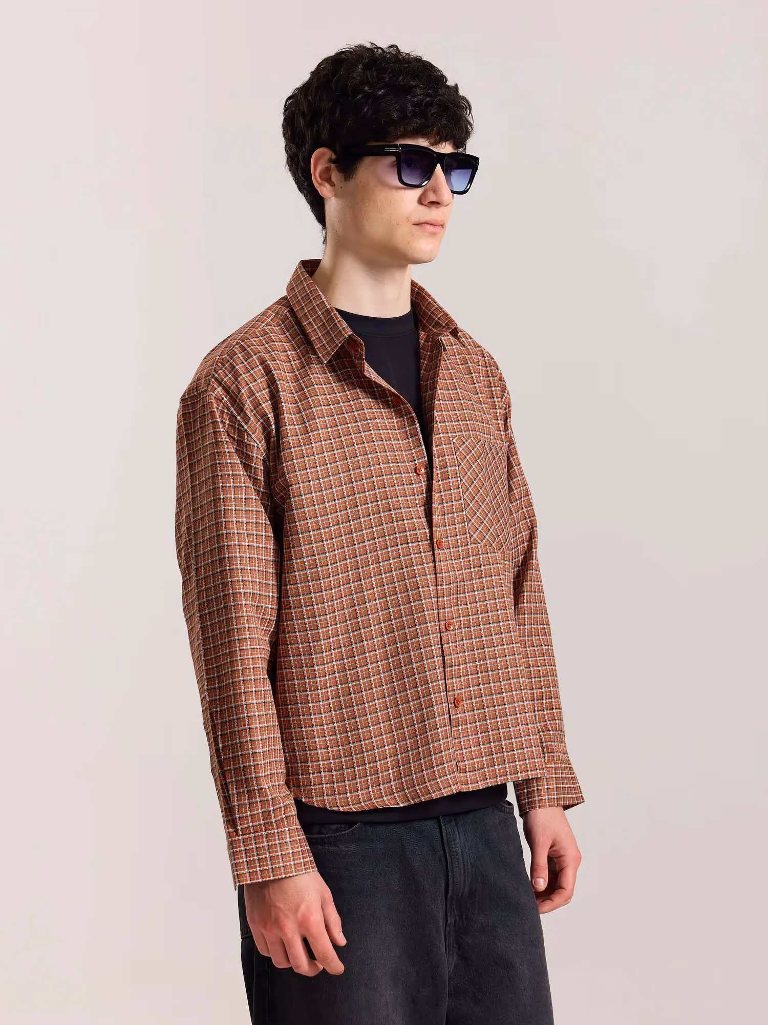 Rust Orange Checkered Oversized Cropped Shirt image 6