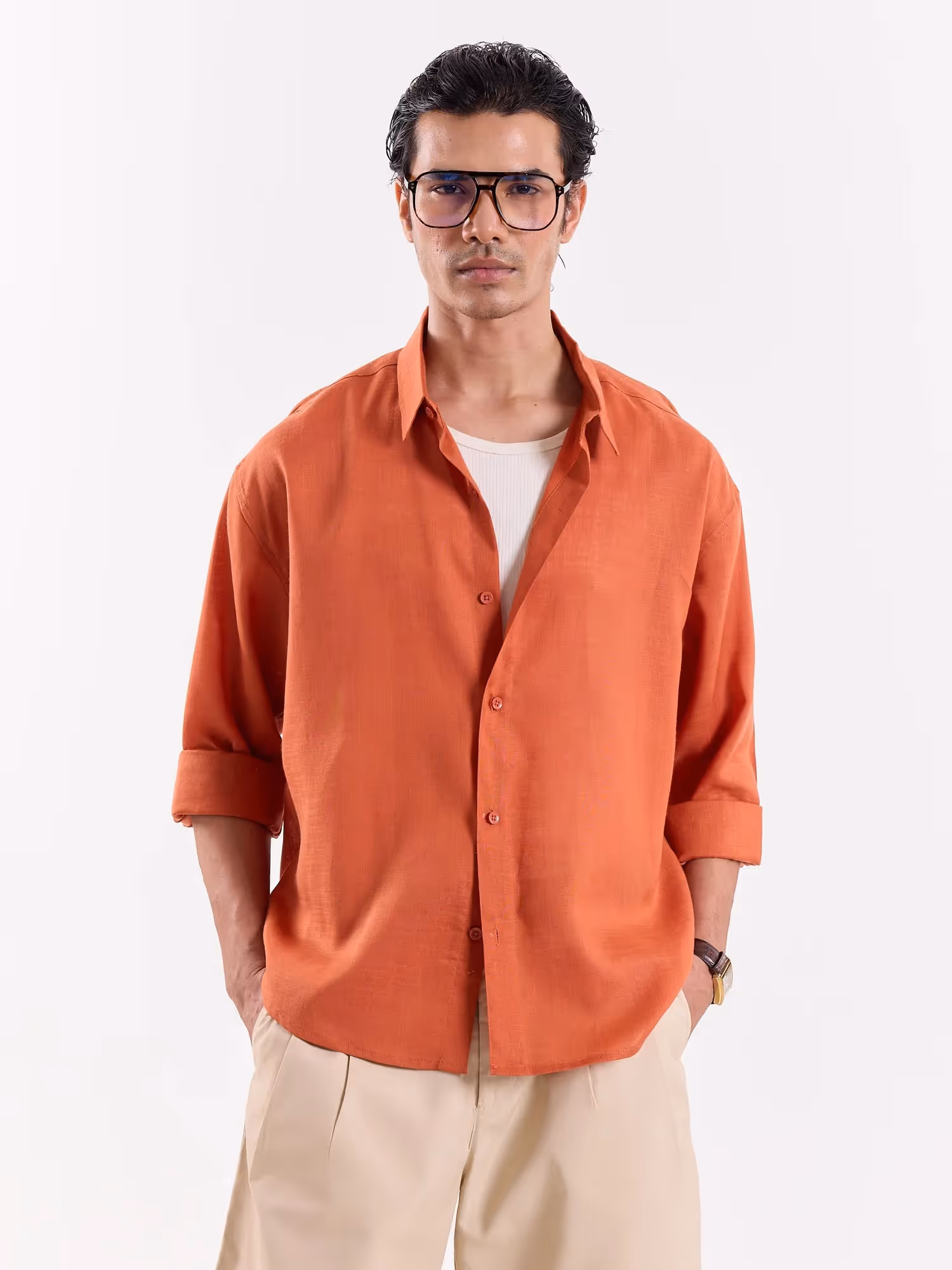 Rust Orange Linen Cropped Shirt image 2