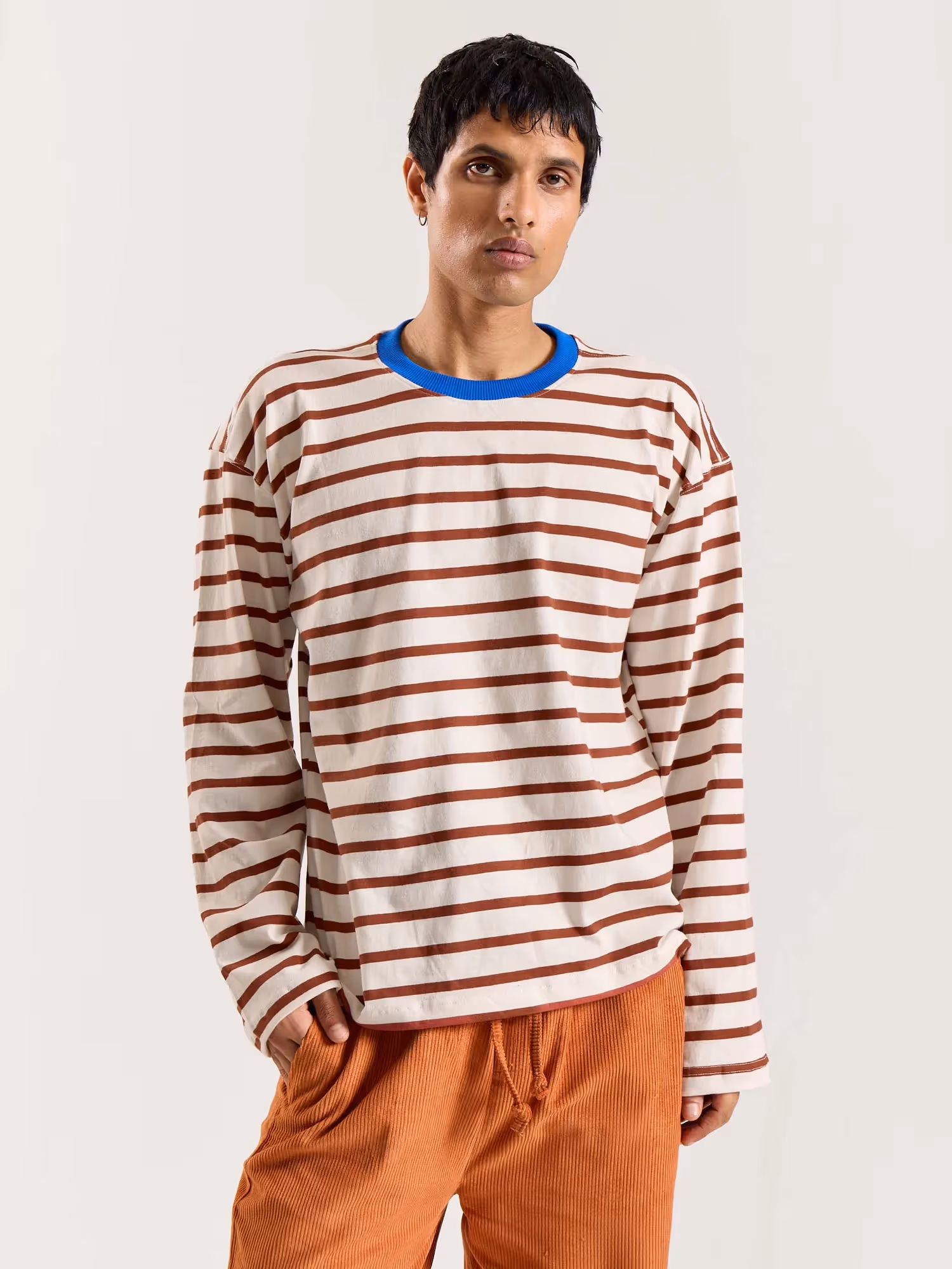 Rust Red Striped Loose Fit Cropped T-Shirt image 4