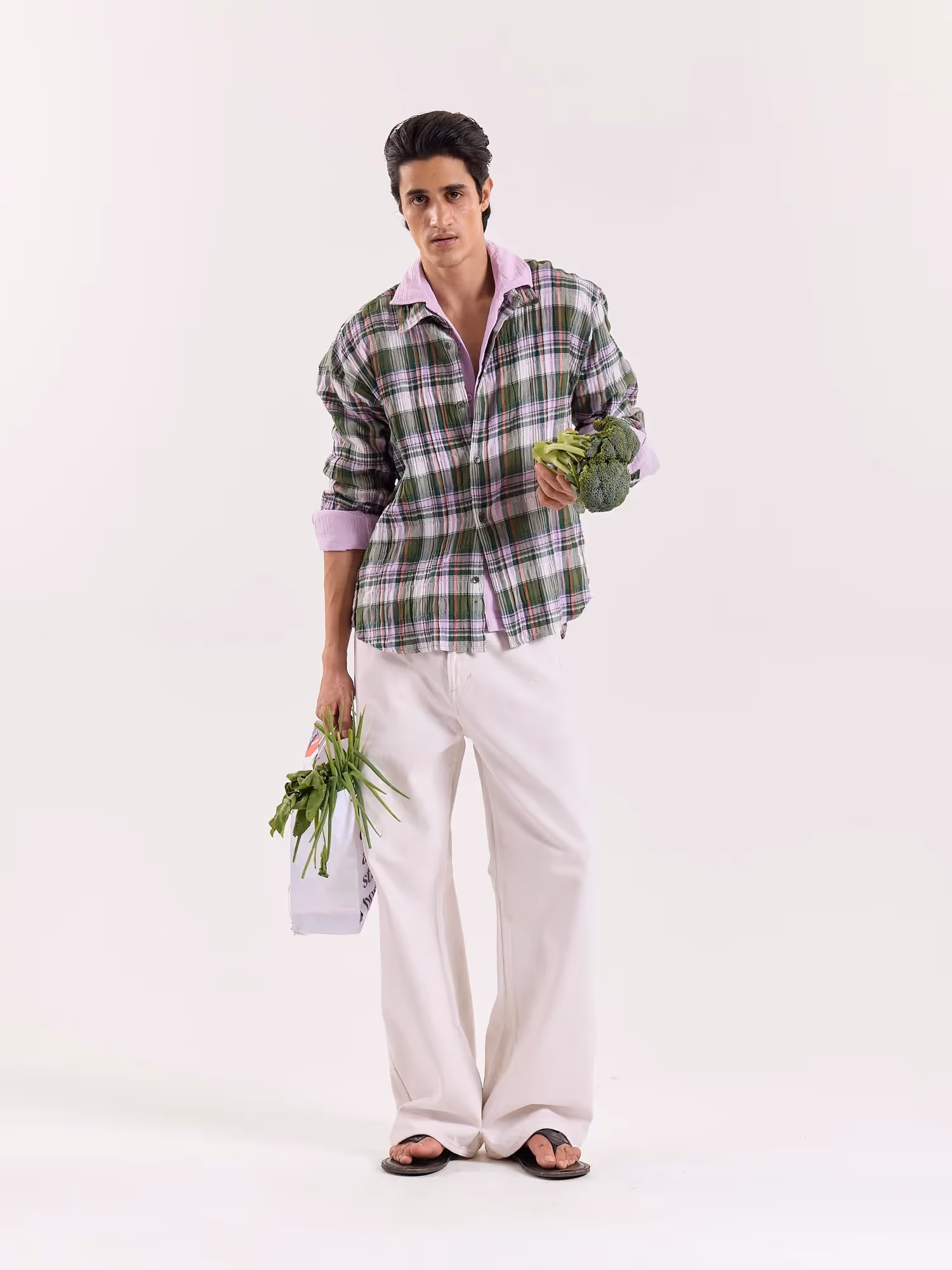 Sage & Lilac Checked Gauze Cropped Shirt image 1