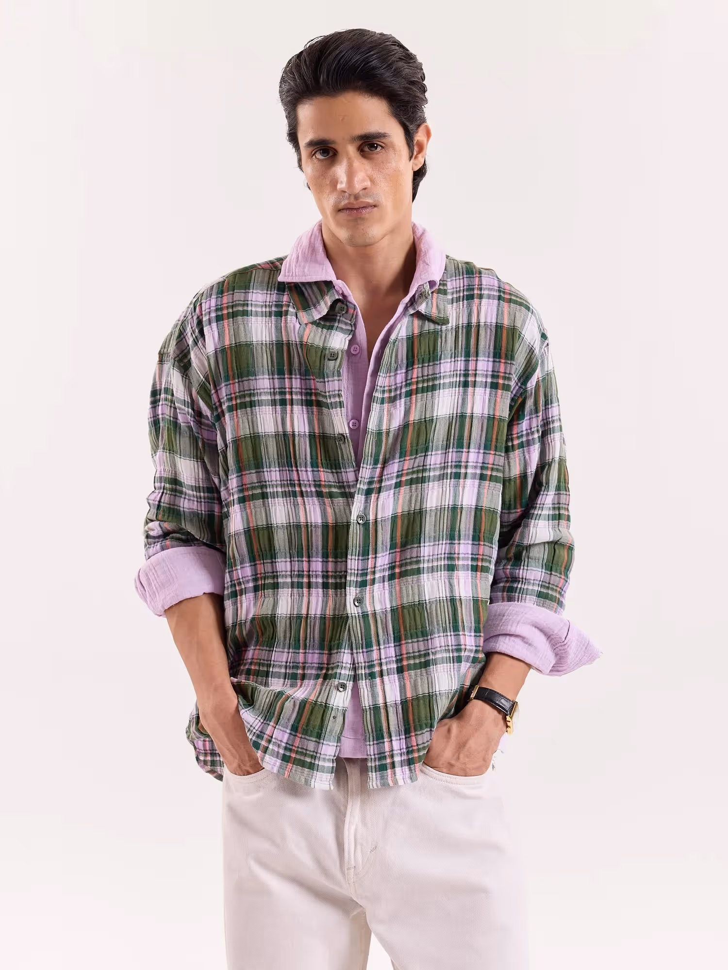 Sage & Lilac Checked Gauze Cropped Shirt image 3