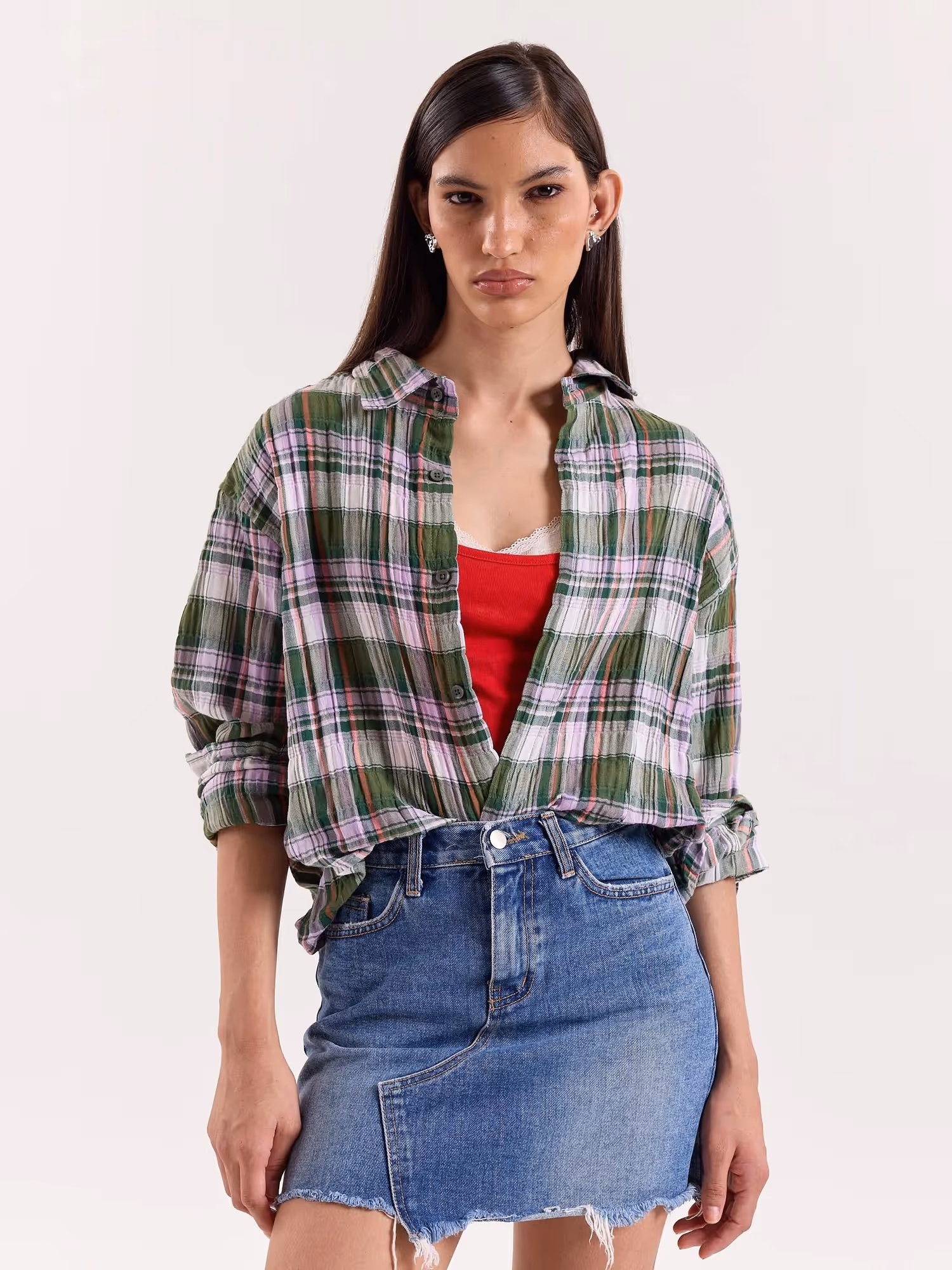 Sage & Lilac Checked Gauze Cropped Shirt image 4