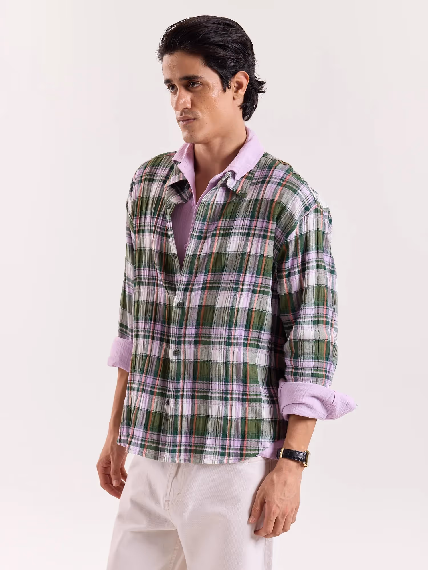 Sage & Lilac Checked Gauze Cropped Shirt image 5