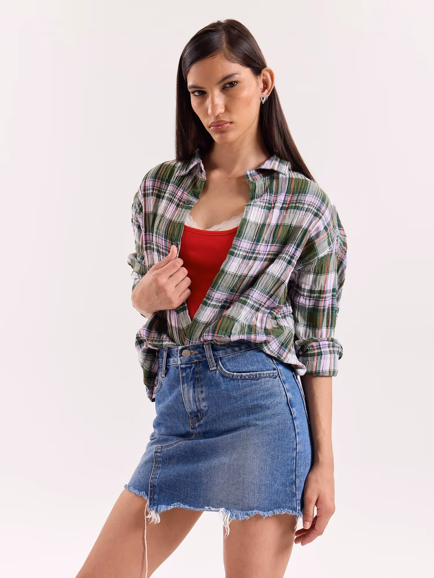 Sage & Lilac Checked Gauze Cropped Shirt image 6