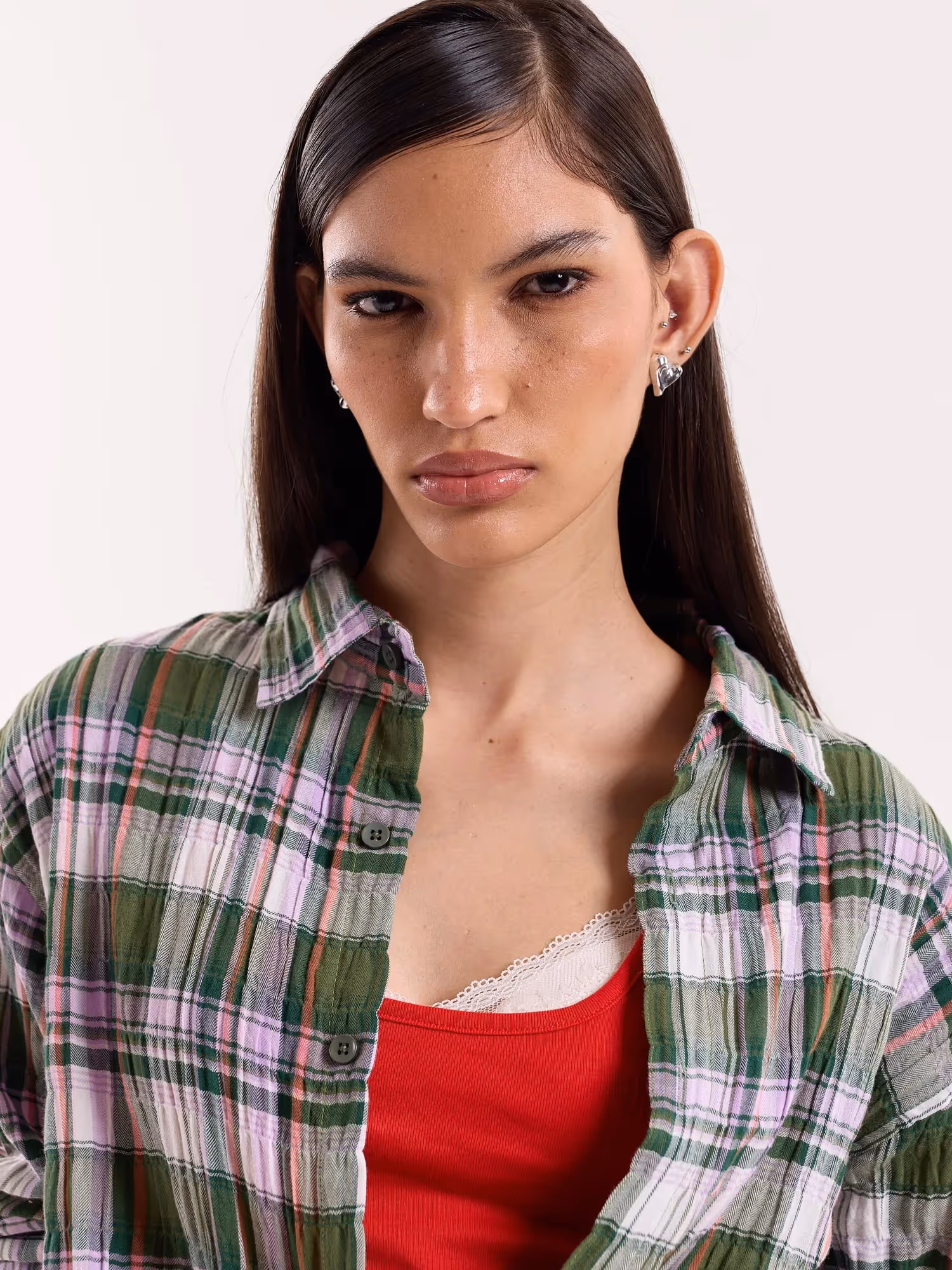 Sage & Lilac Checked Gauze Cropped Shirt image 8
