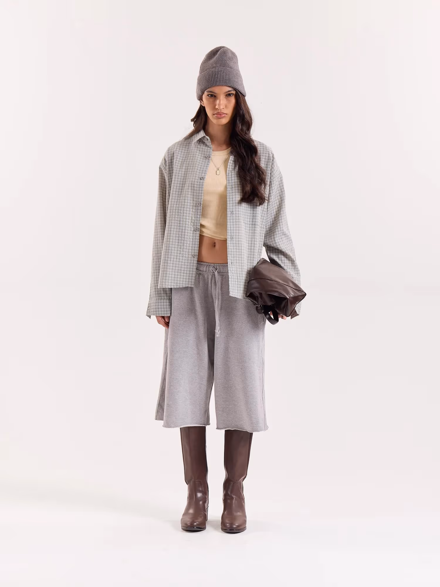 Sage Green and White Grid Checkered Cropped Shirt image 2