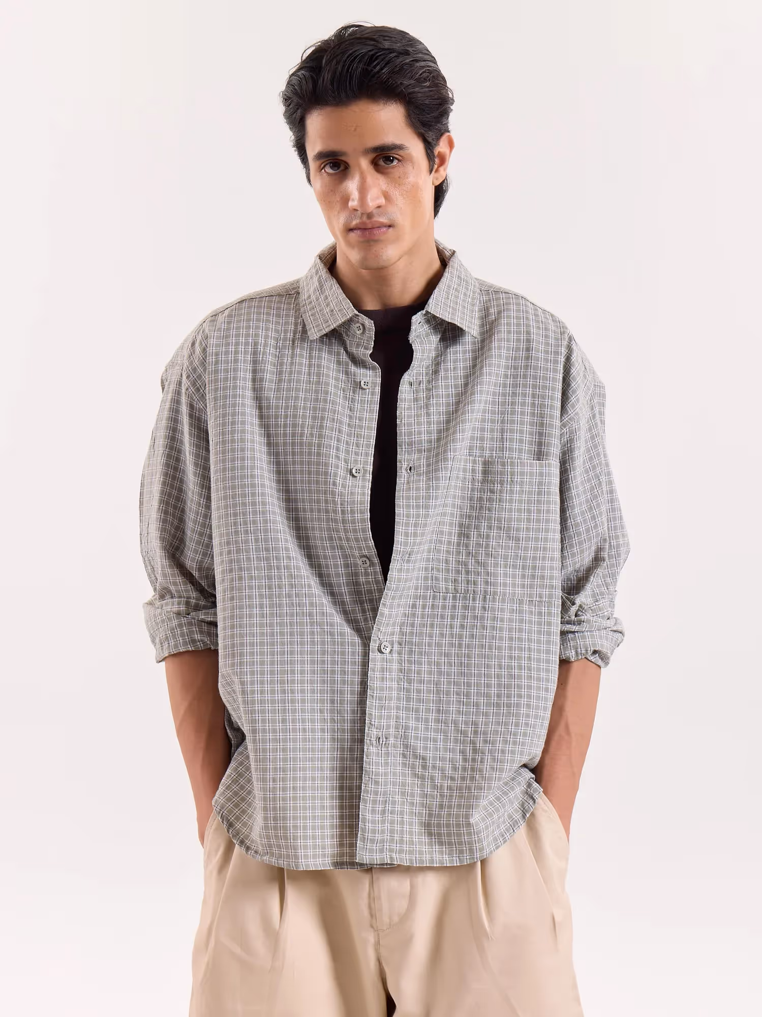 Sage Green and White Grid Checkered Cropped Shirt image 3