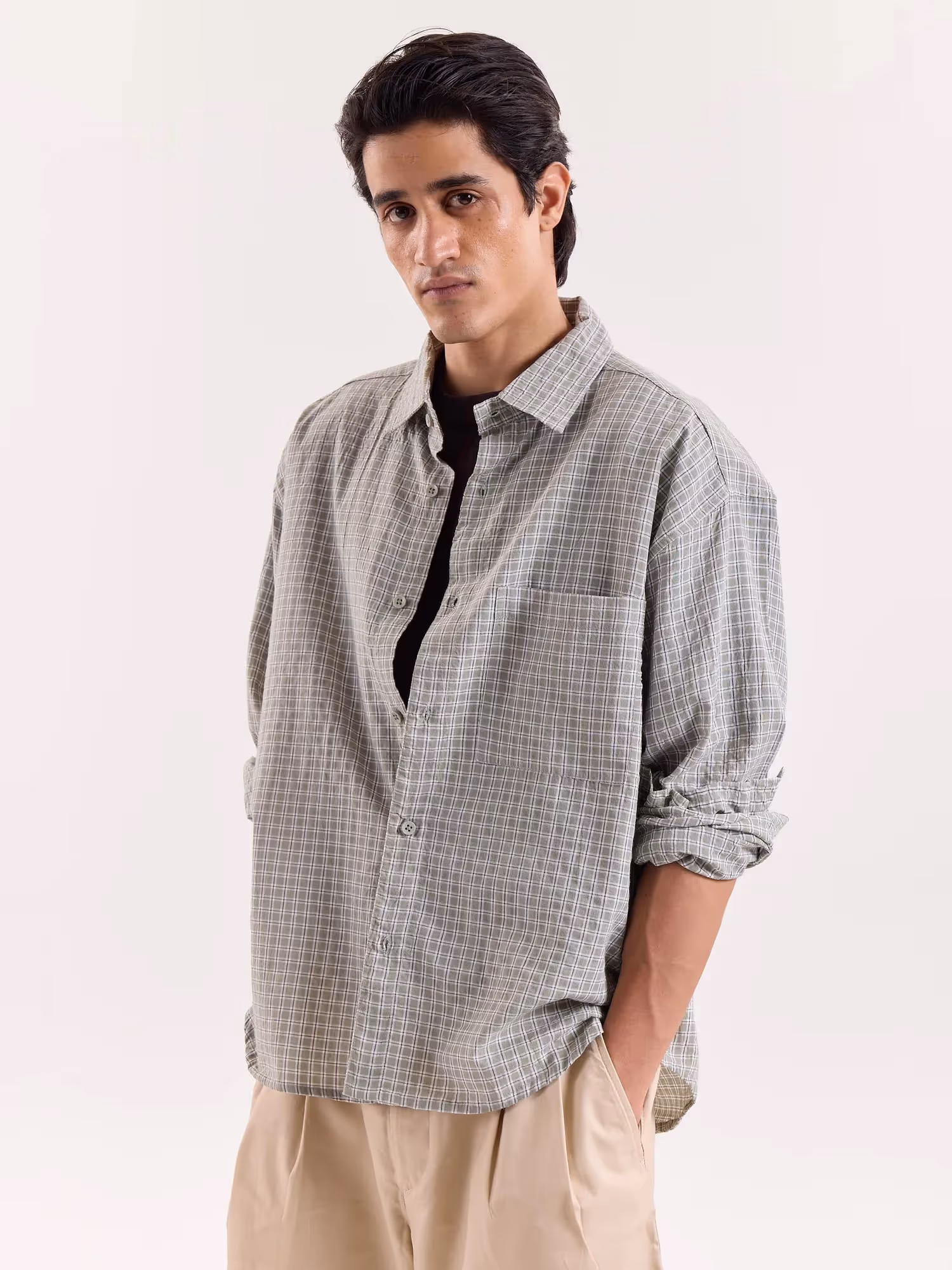 Sage Green and White Grid Checkered Cropped Shirt image 5