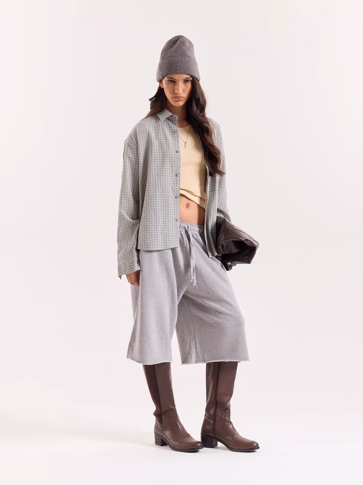 Sage Green and White Grid Checkered Cropped Shirt image 7