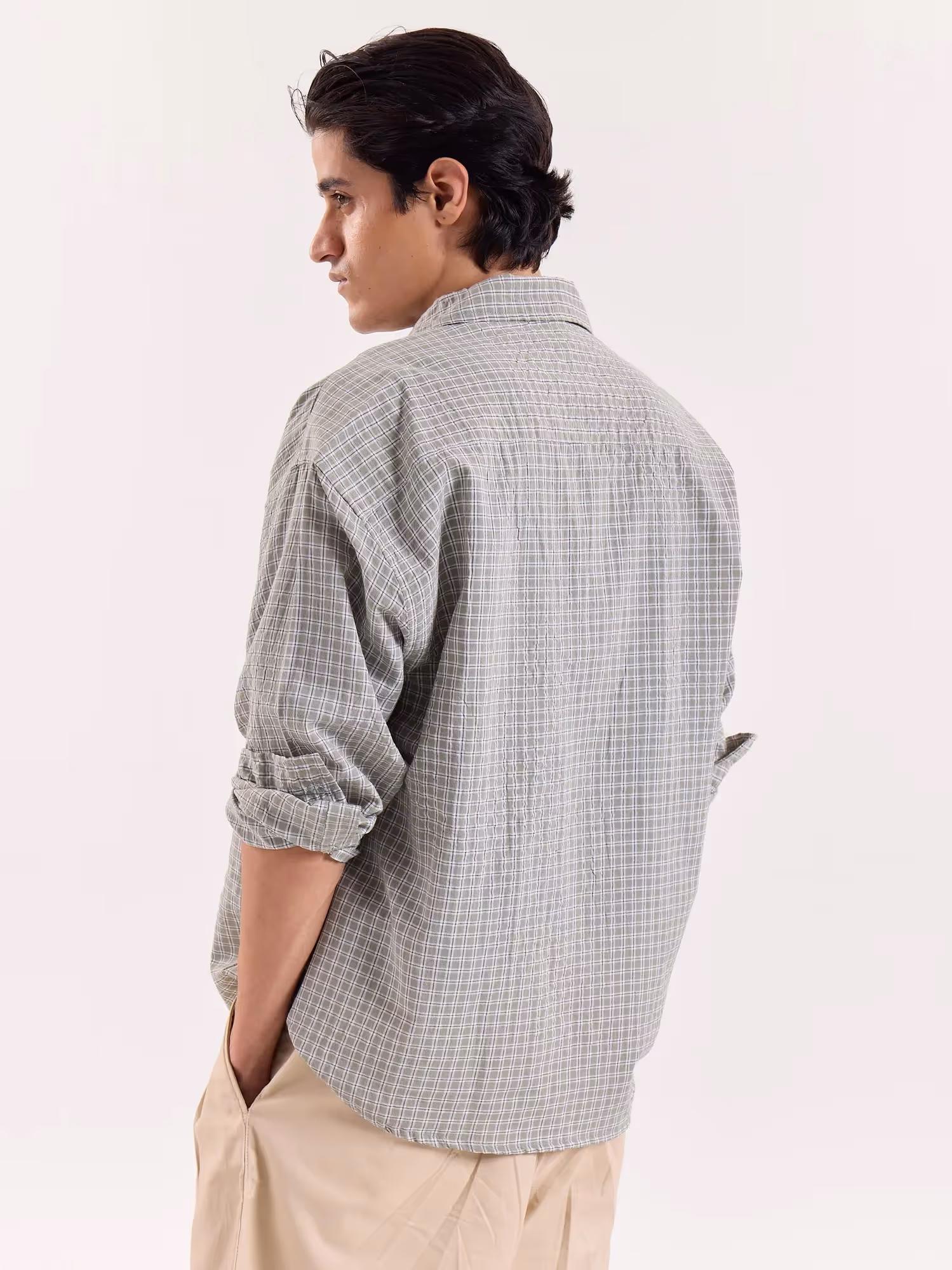 Sage Green and White Grid Checkered Cropped Shirt image 8