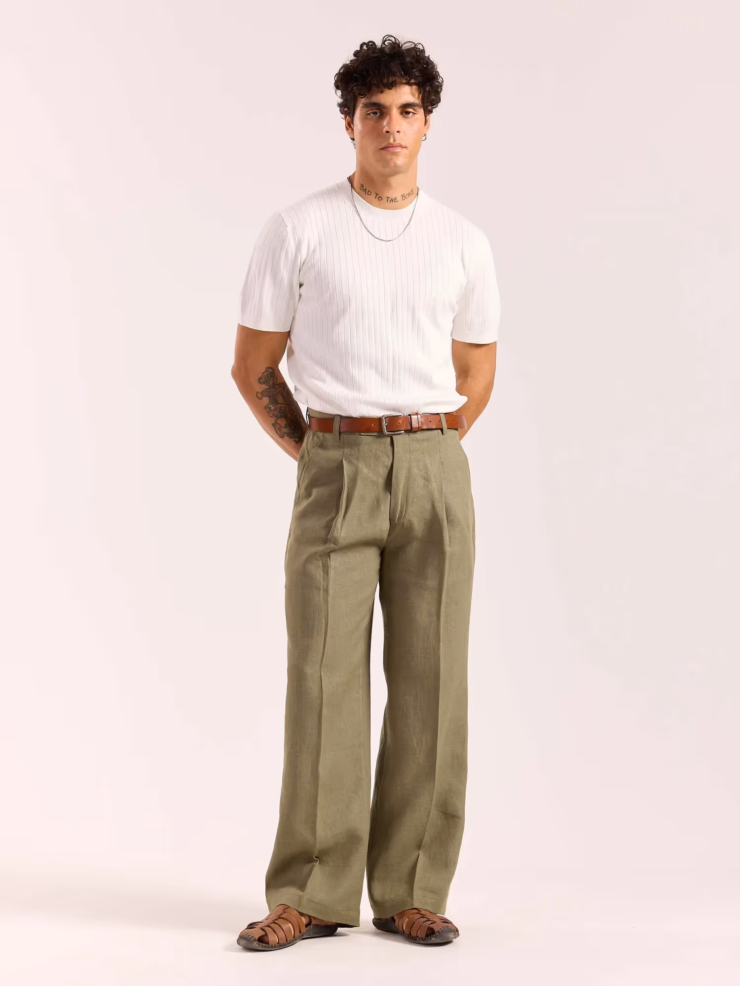 Sage Green Linen Baggy Fit Trousers image 1