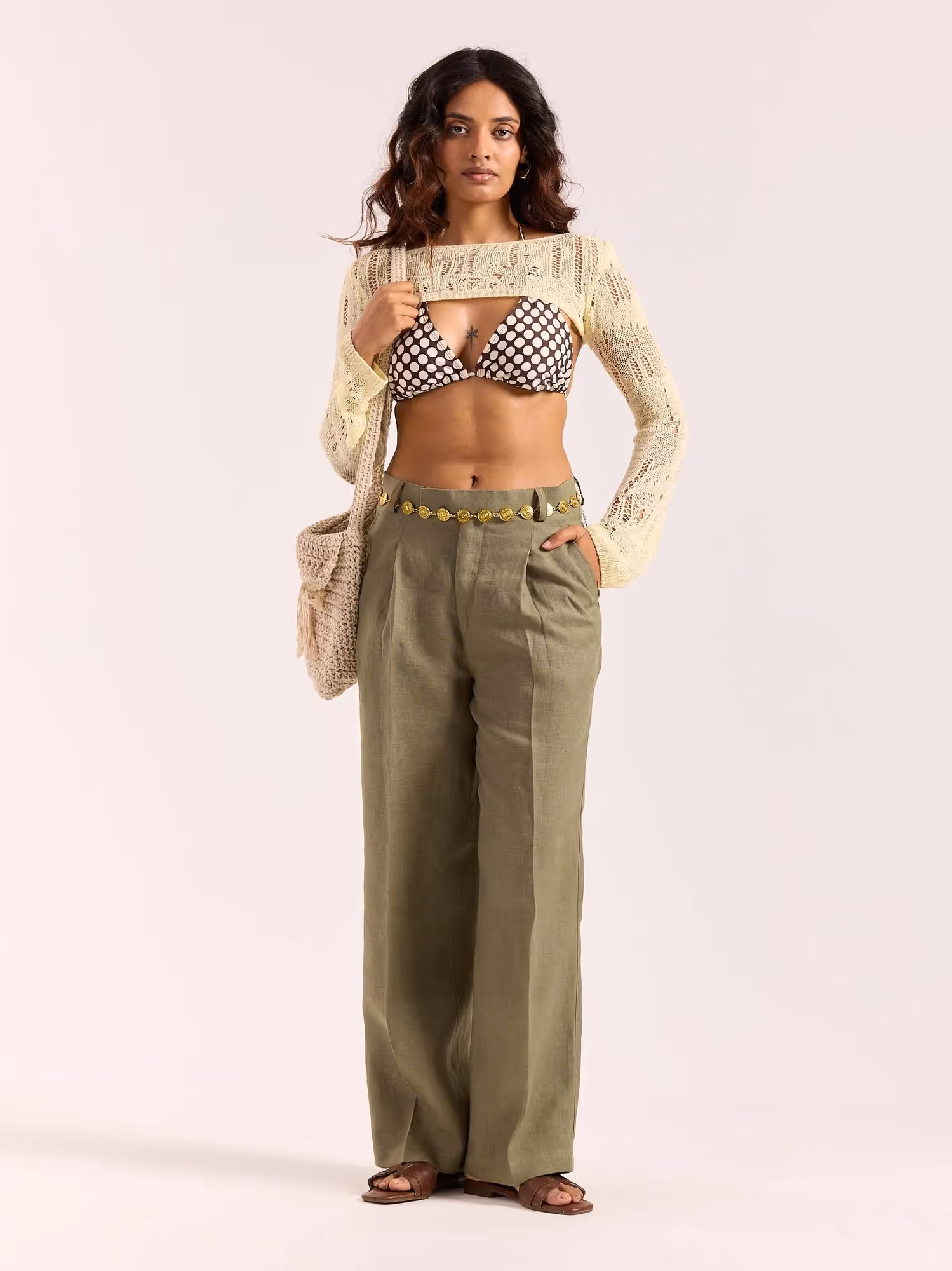 Sage Green Linen Baggy Fit Trousers image 2
