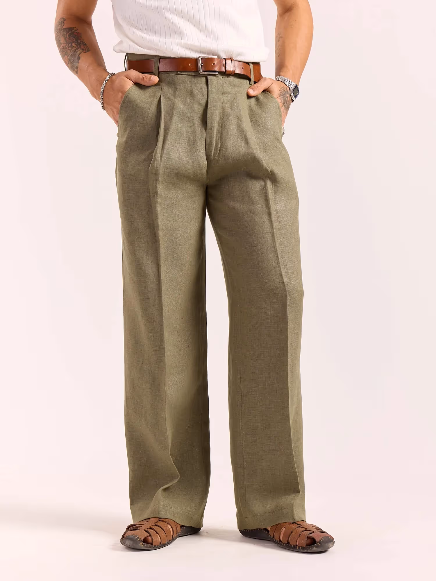 Sage Green Linen Baggy Fit Trousers image 3