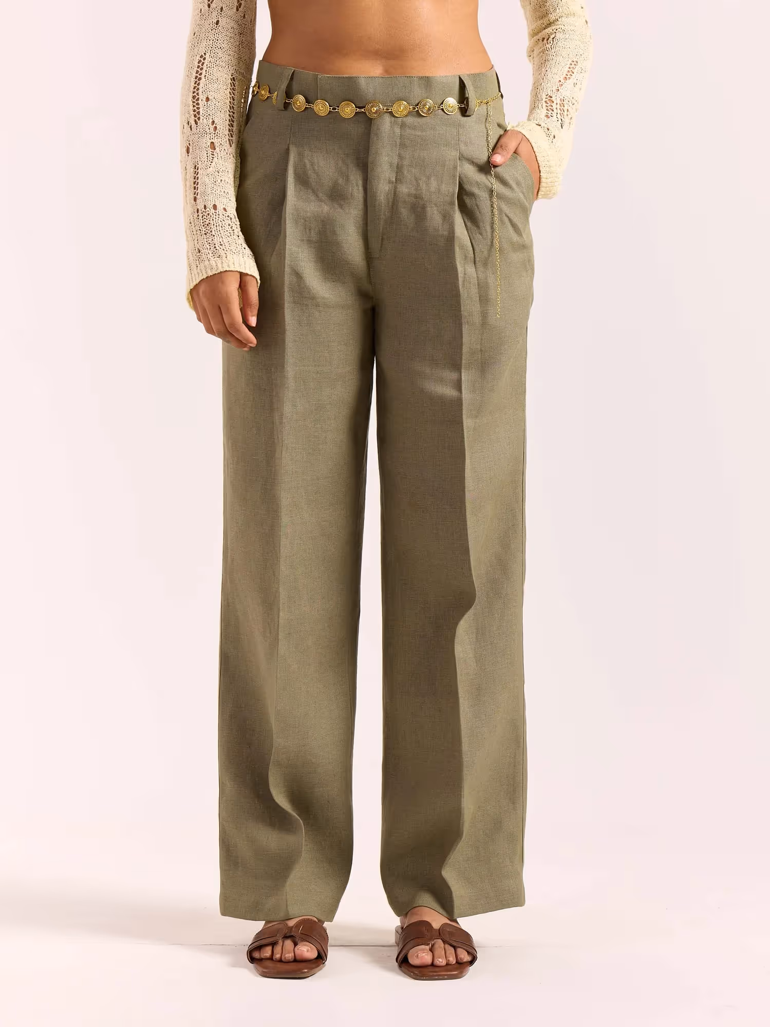 Sage Green Linen Baggy Fit Trousers image 4