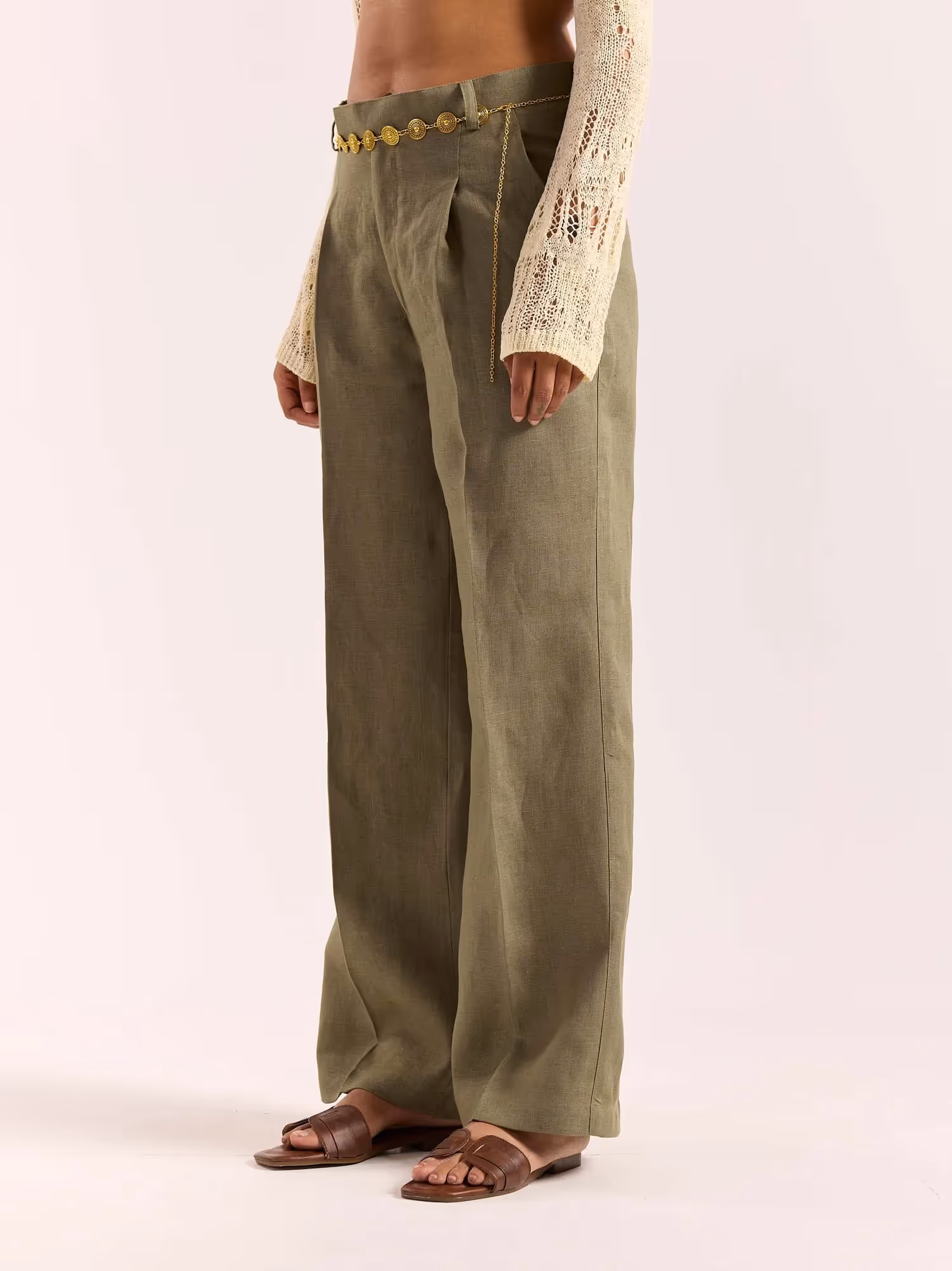 Sage Green Linen Baggy Fit Trousers image 5