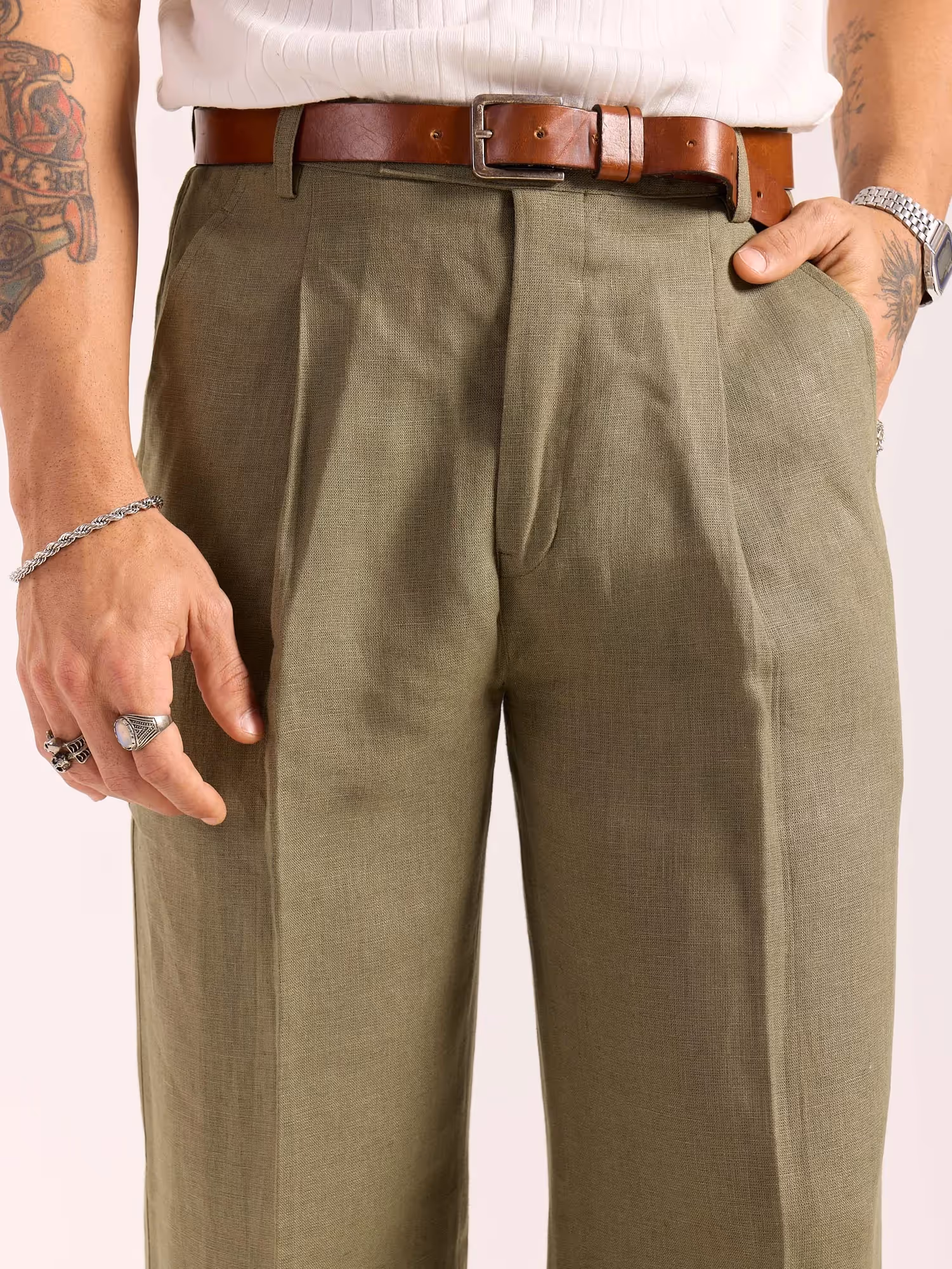 Sage Green Linen Baggy Fit Trousers image 6