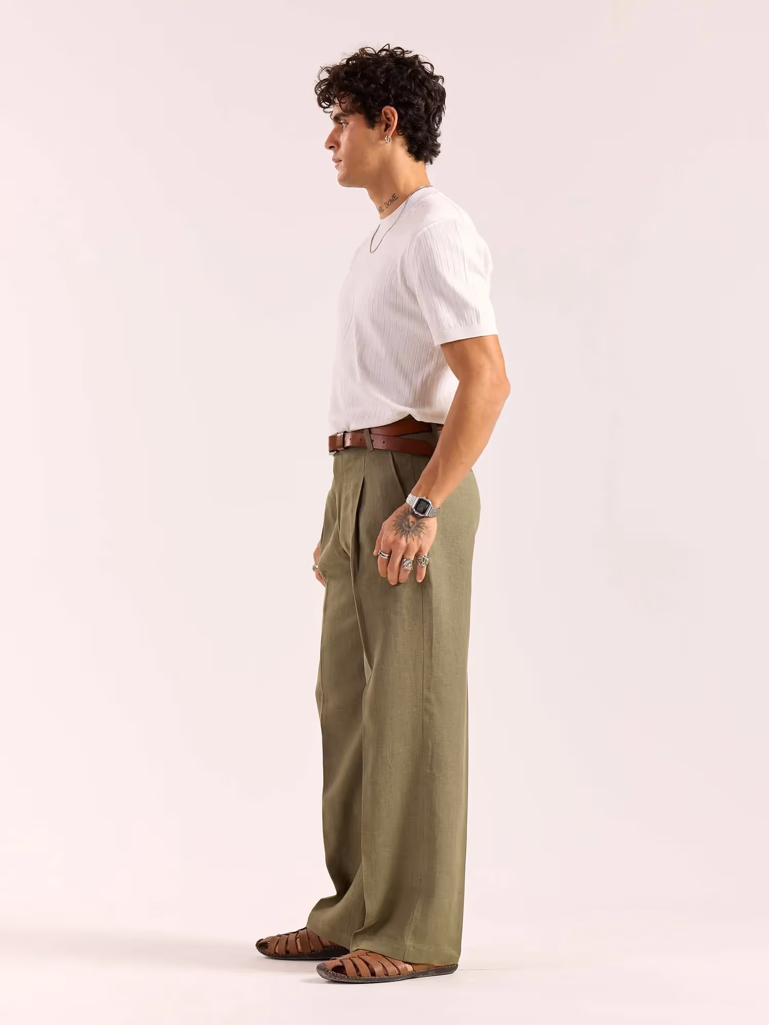 Sage Green Linen Baggy Fit Trousers image 7
