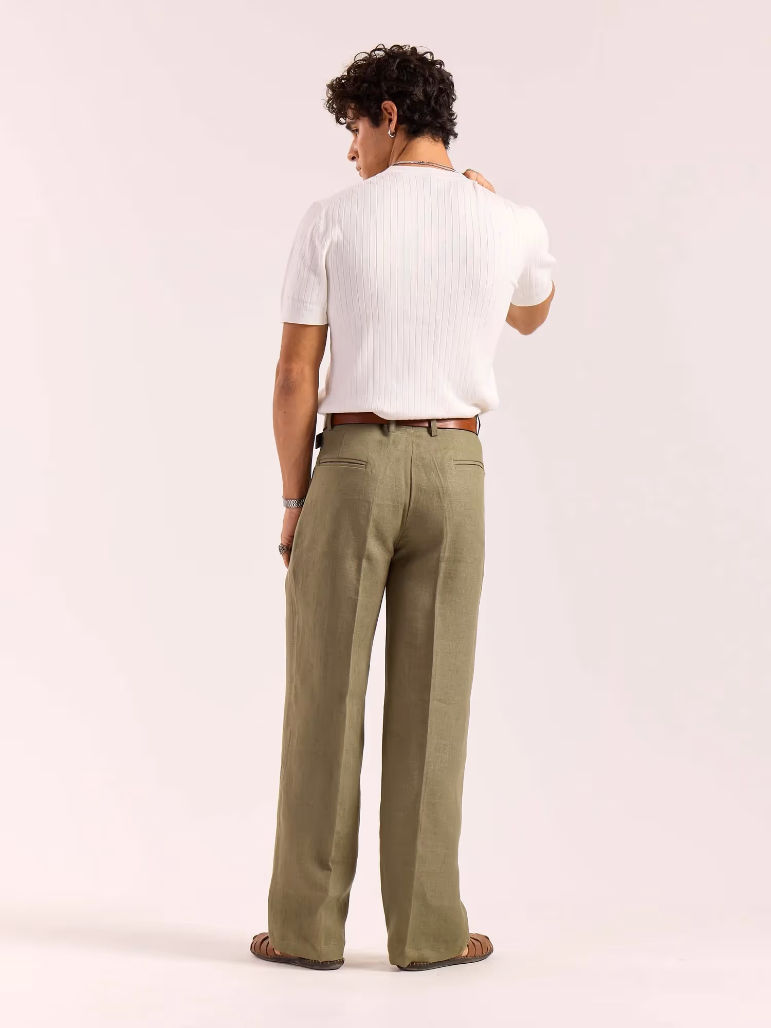 Sage Green Linen Baggy Fit Trousers image 8