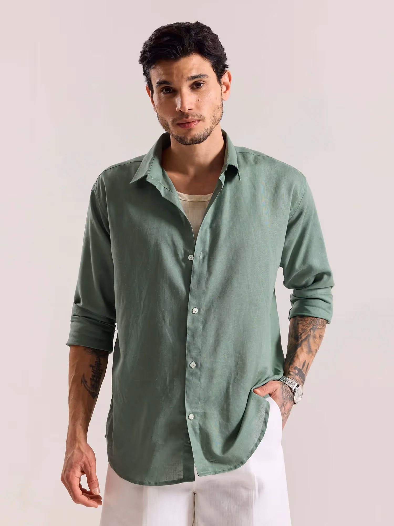 Sage Green Linen-blend Shirt  image 3