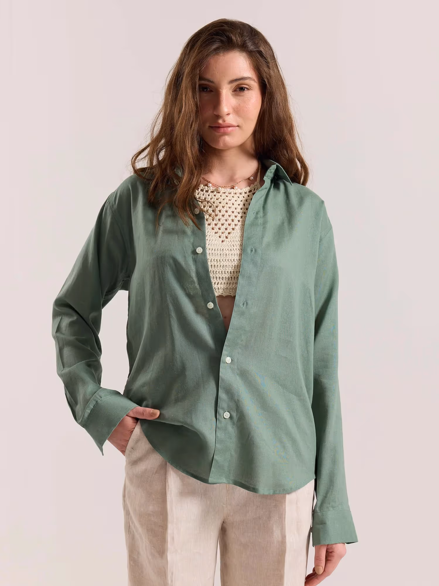 Sage Green Linen-blend Shirt  image 4