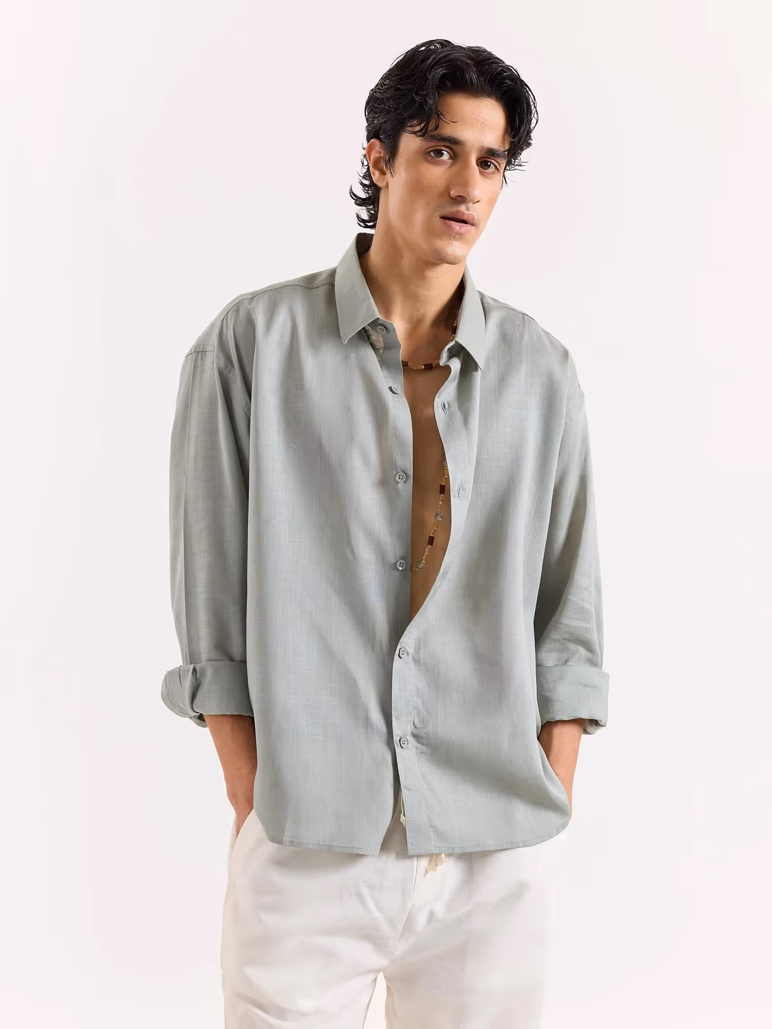 Sage Green Linen Cropped Shirt image 2