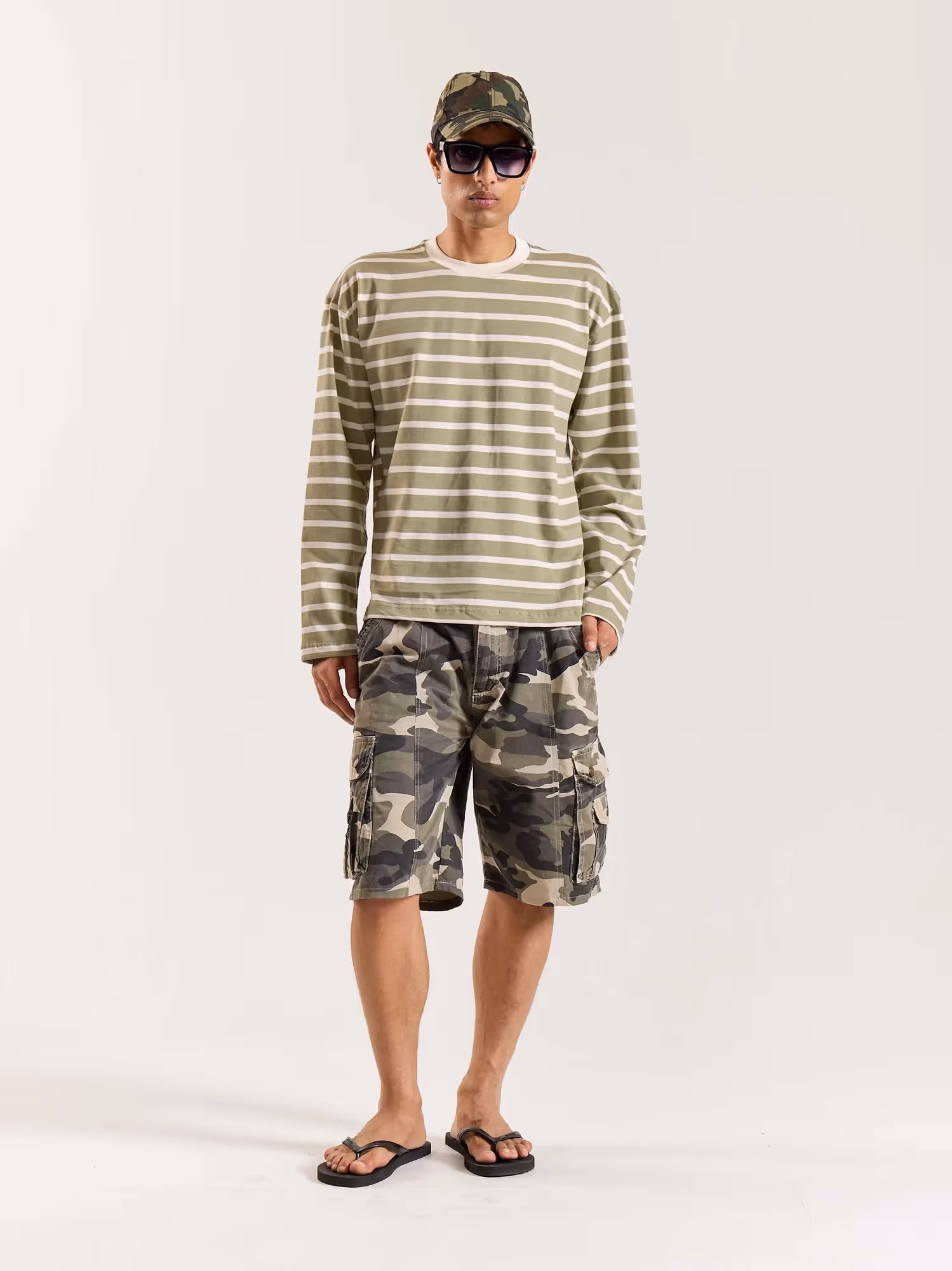 Sage Green Striped Loose Fit Cropped T-Shirt image 1