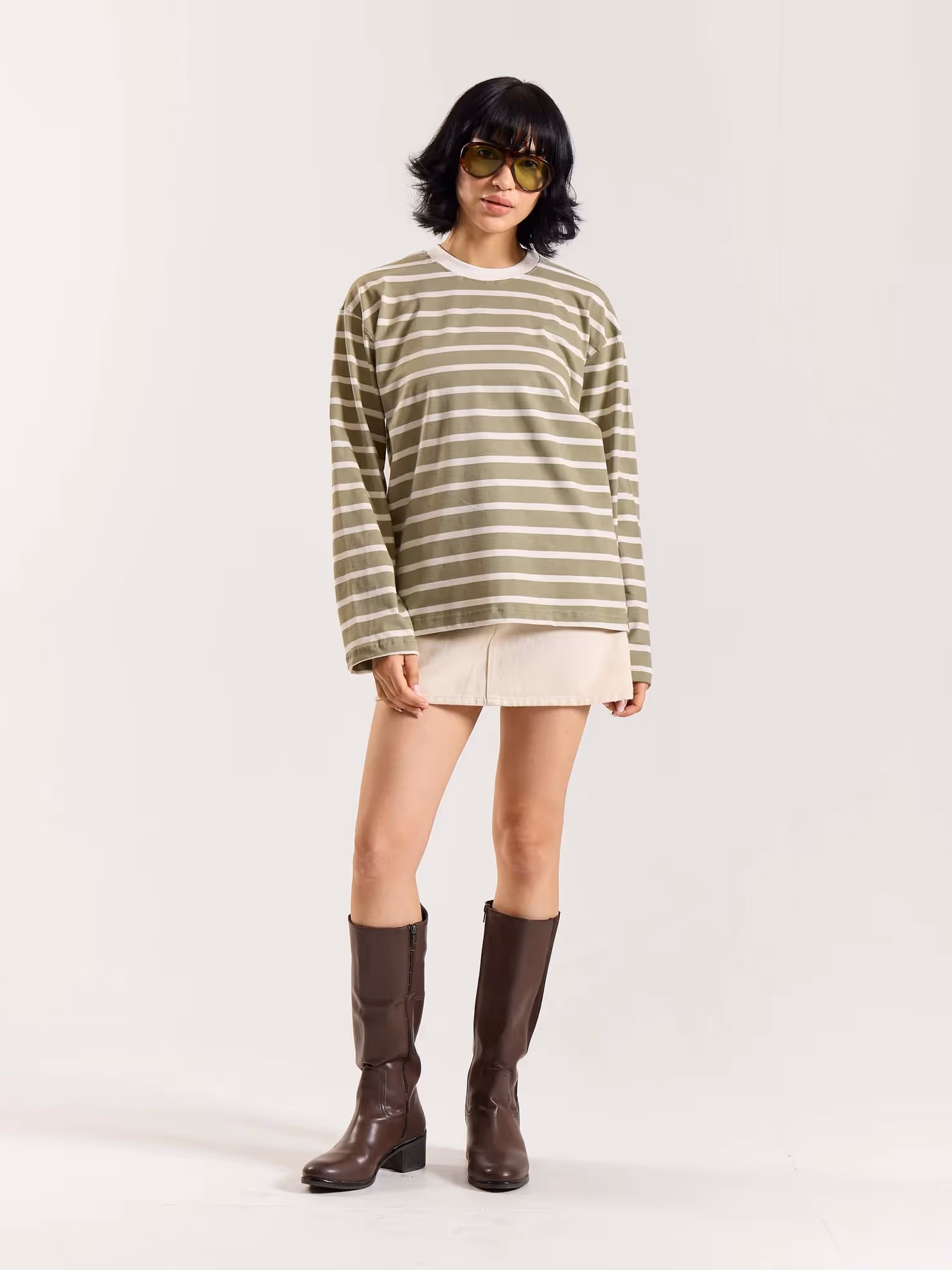 Sage Green Striped Loose Fit Cropped T-Shirt image 2