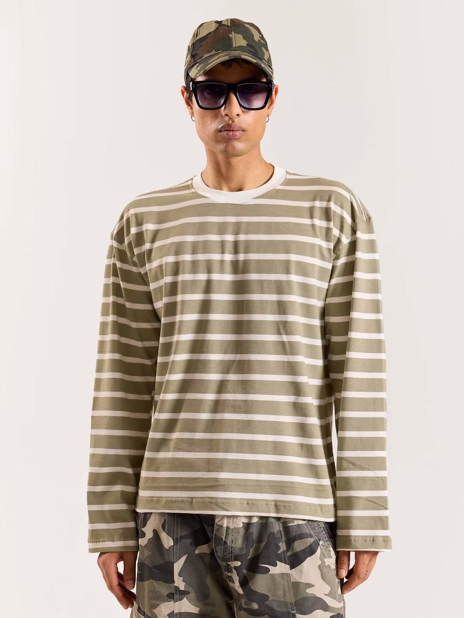 Sage Green Striped Loose Fit Cropped T-Shirt image 3