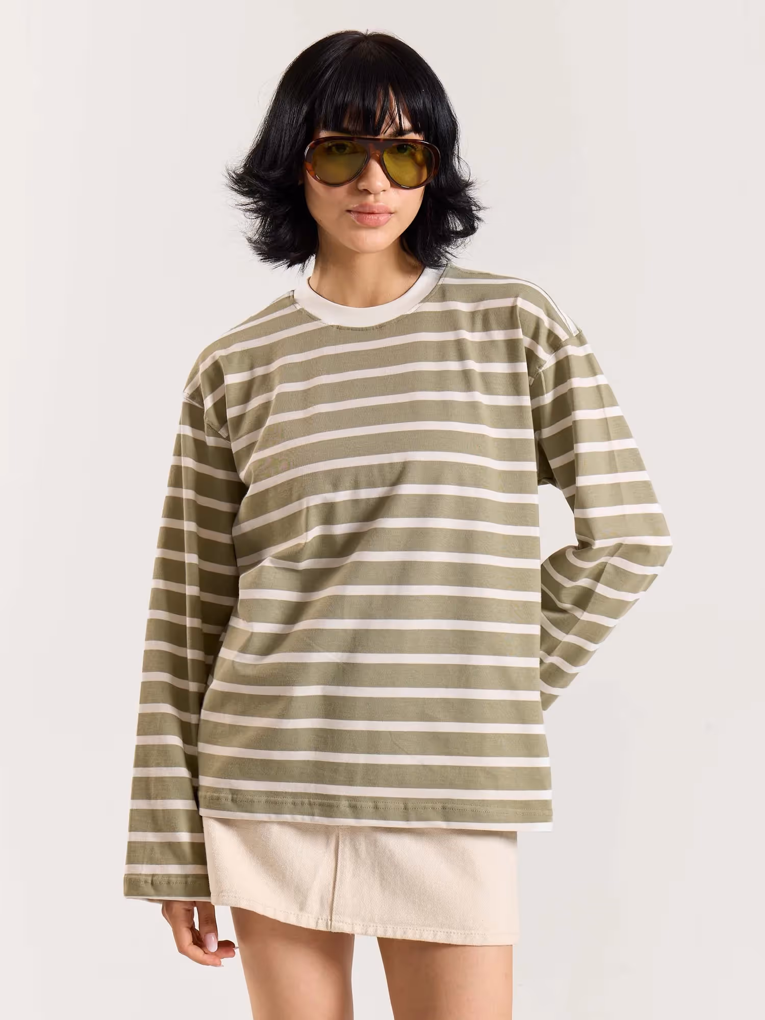 Sage Green Striped Loose Fit Cropped T-Shirt image 4