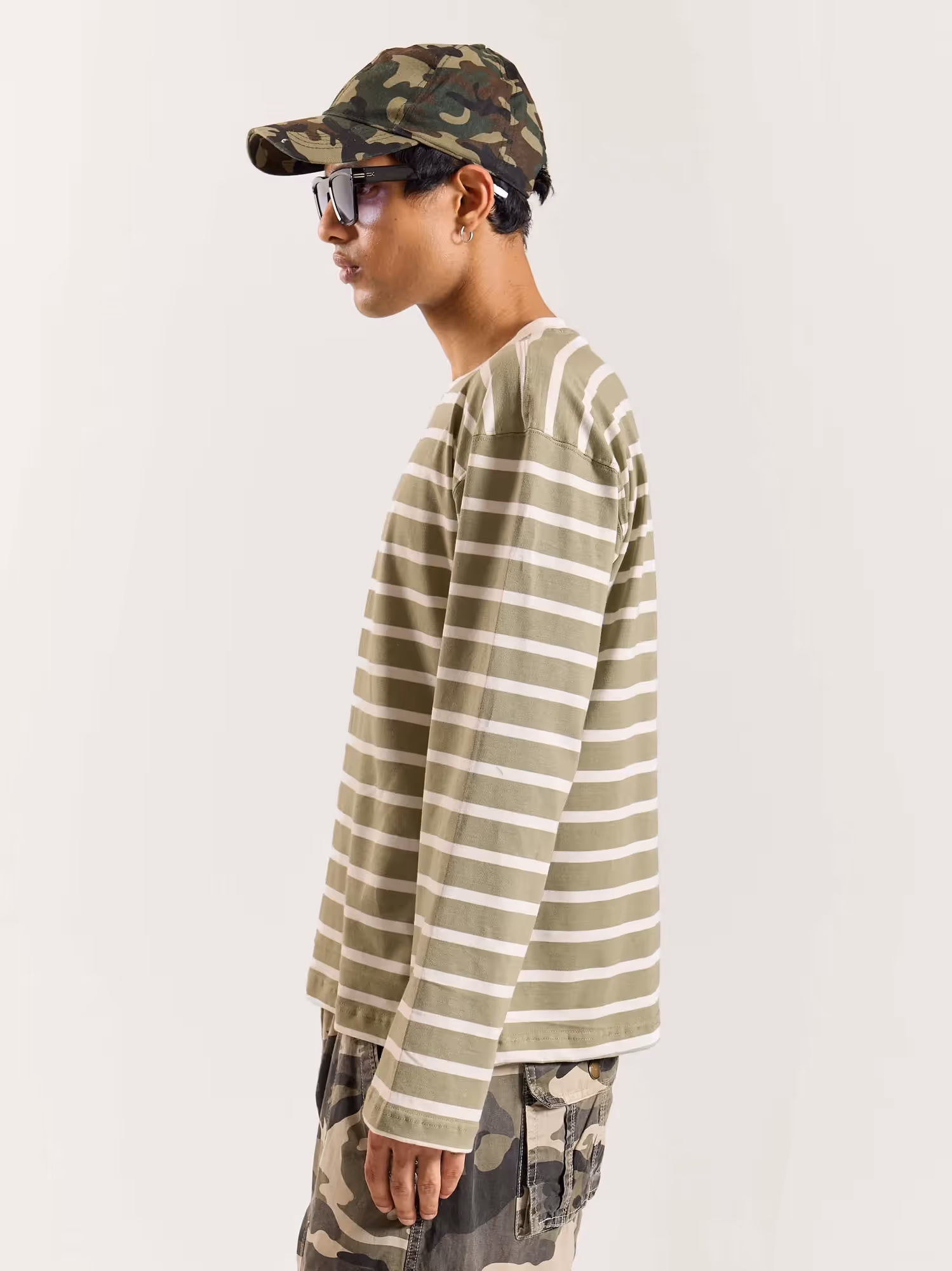 Sage Green Striped Loose Fit Cropped T-Shirt image 5