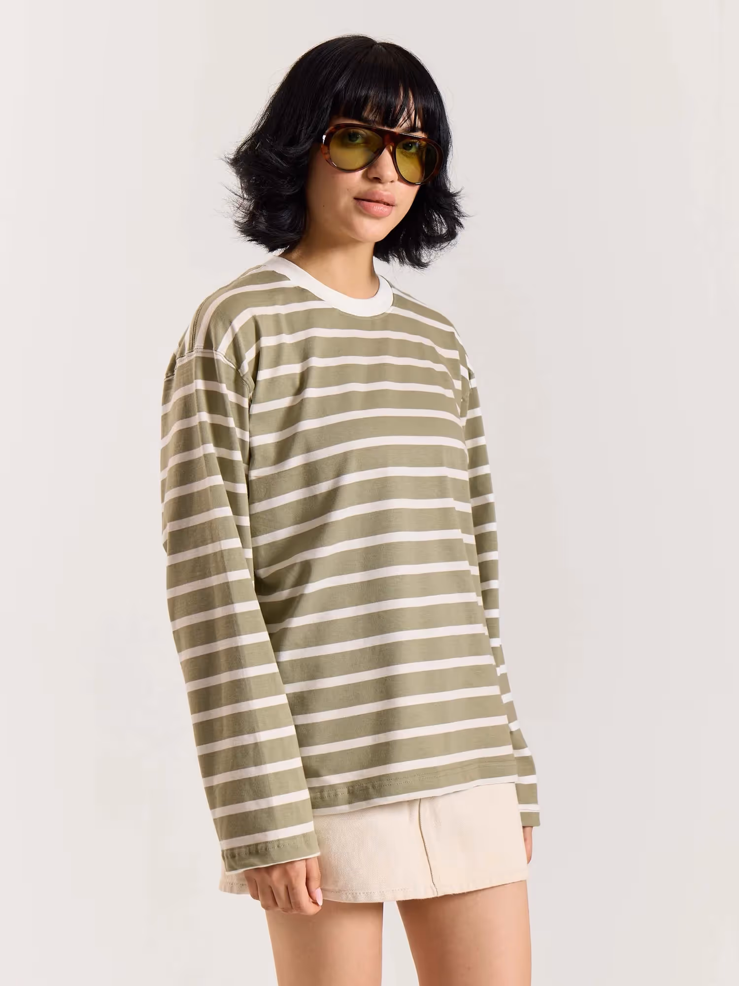 Sage Green Striped Loose Fit Cropped T-Shirt image 6