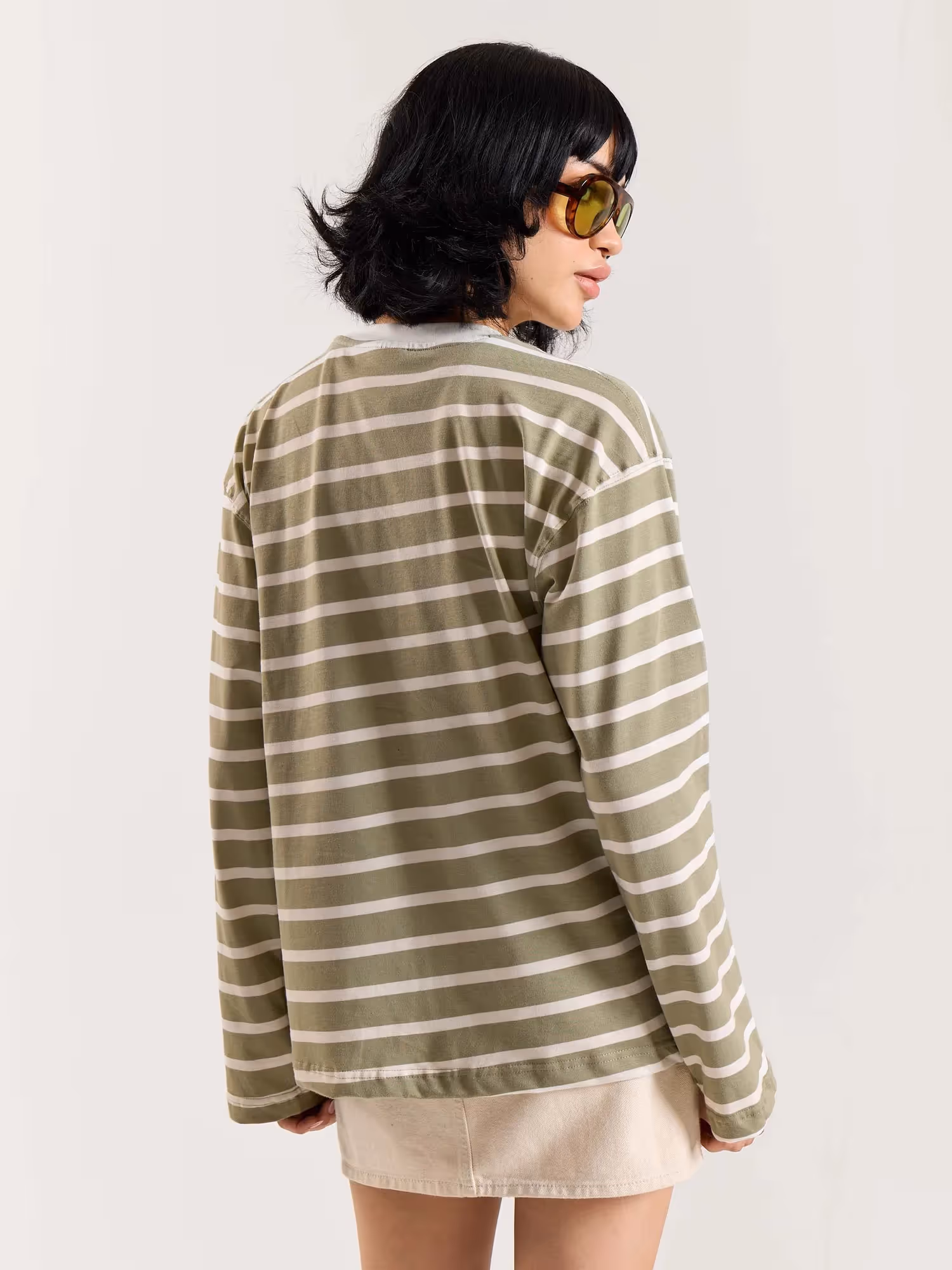 Sage Green Striped Loose Fit Cropped T-Shirt image 7