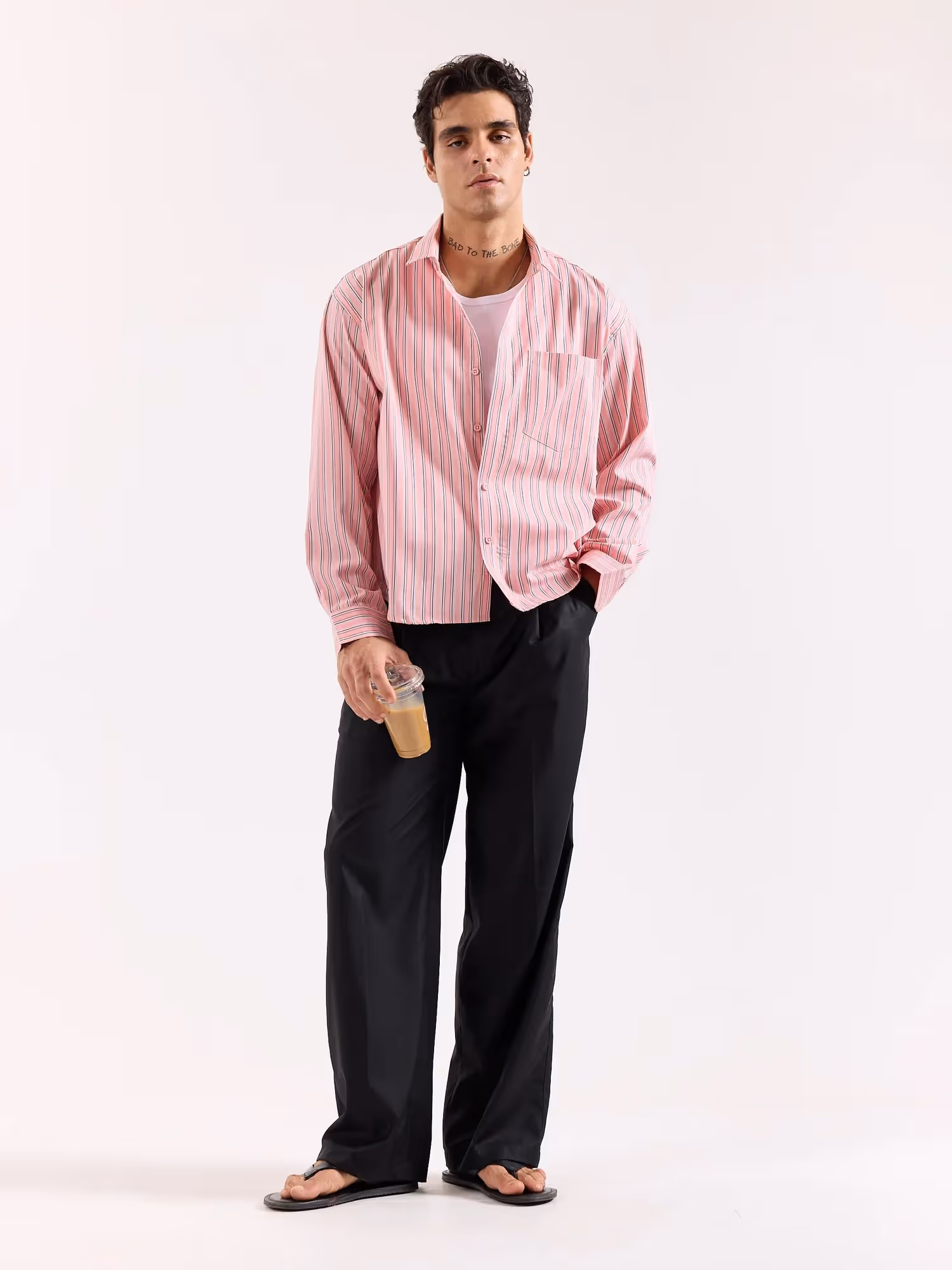 Salmon Pink & Blue Striped Poplin Oversized Shirt image 1