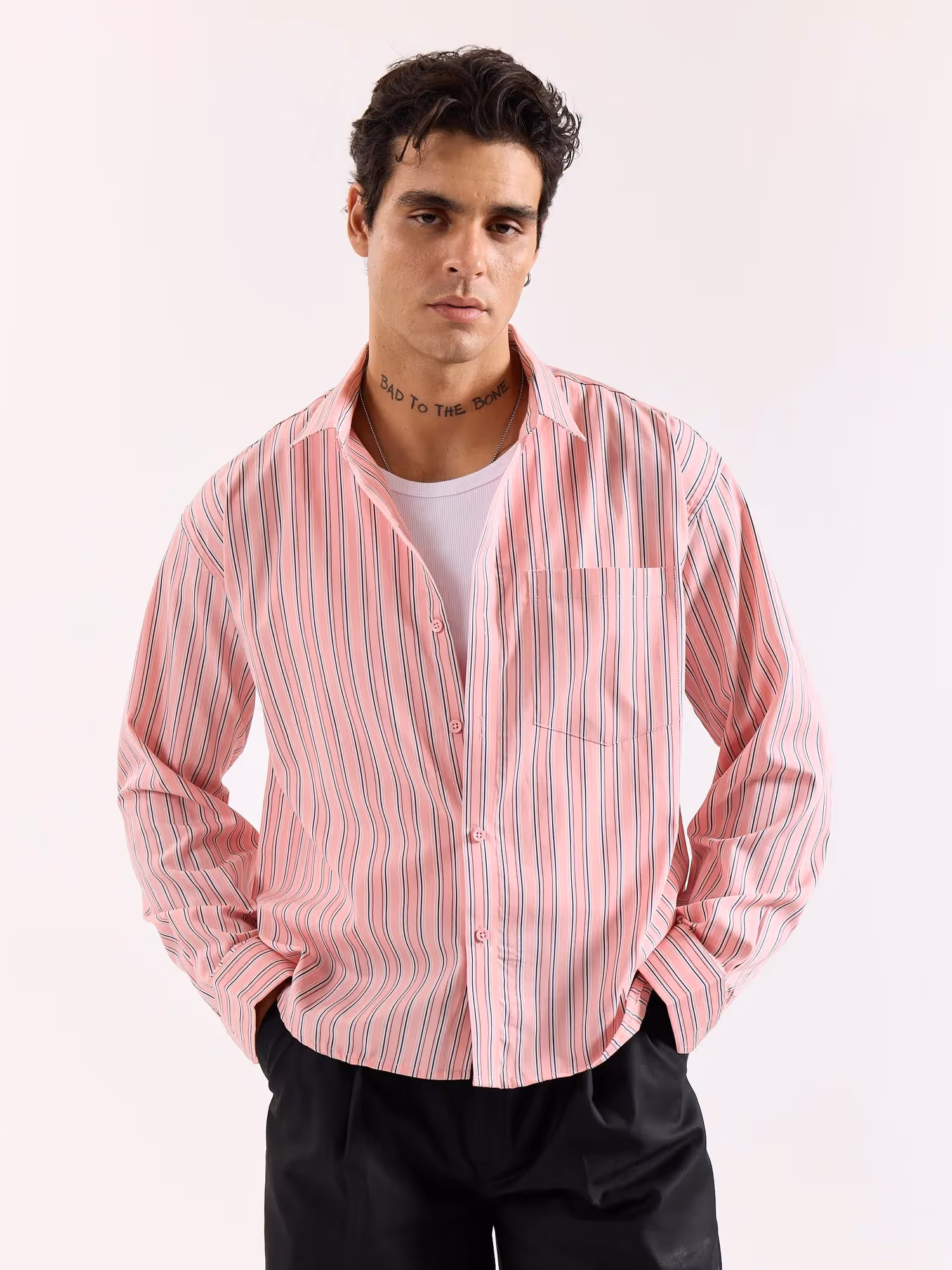 Salmon Pink & Blue Striped Poplin Oversized Shirt image 2