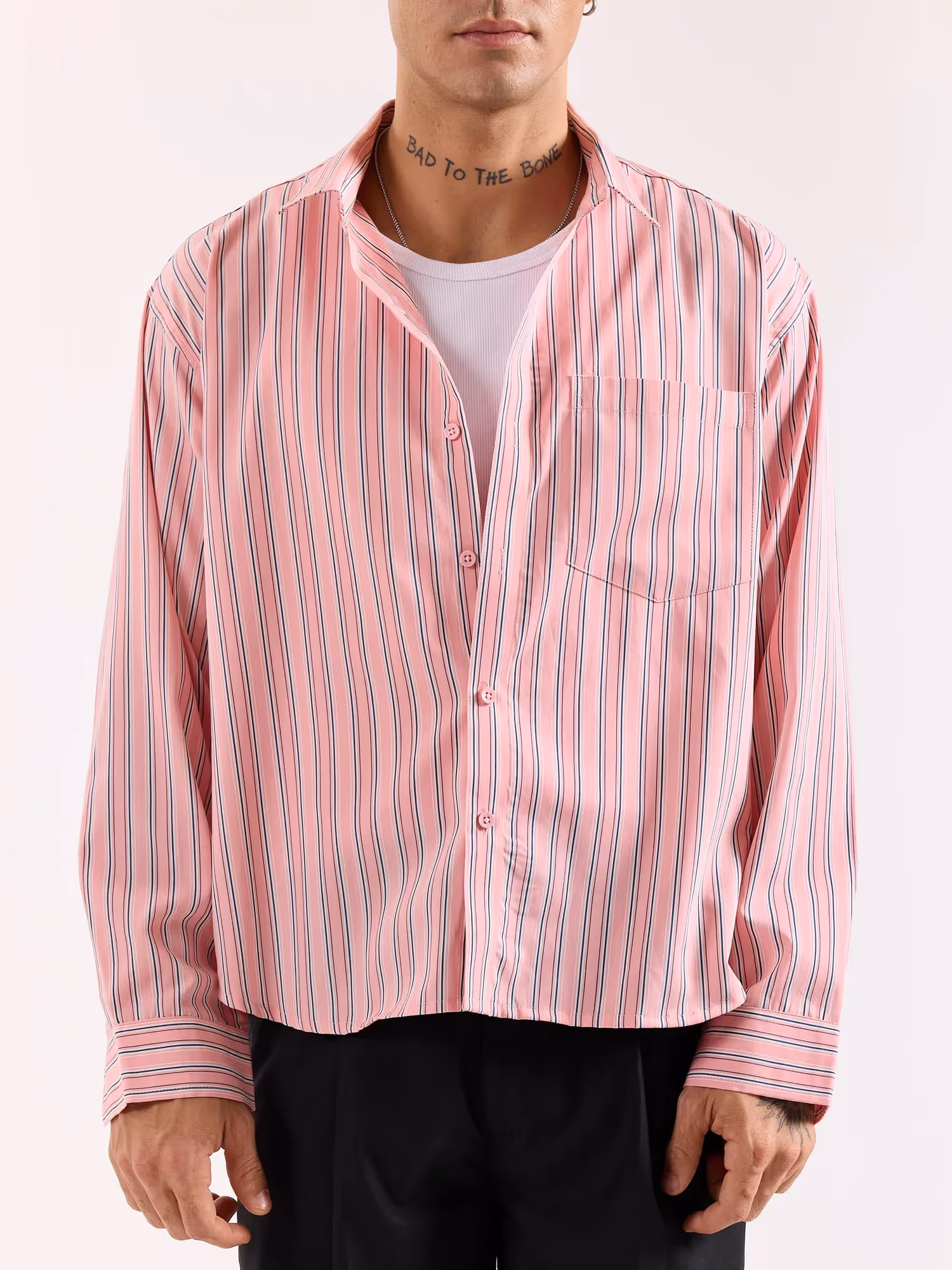 Salmon Pink & Blue Striped Poplin Oversized Shirt image 4