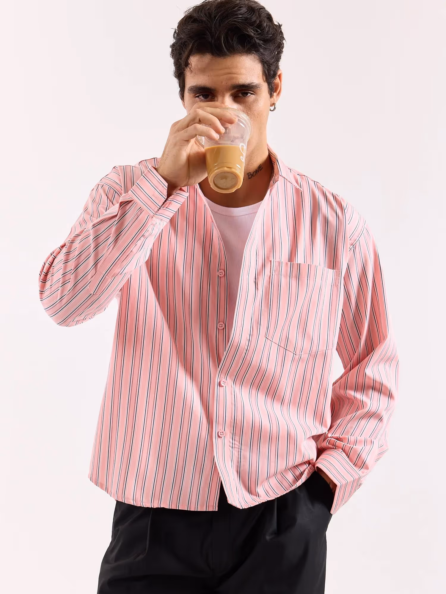 Salmon Pink & Blue Striped Poplin Oversized Shirt image 5