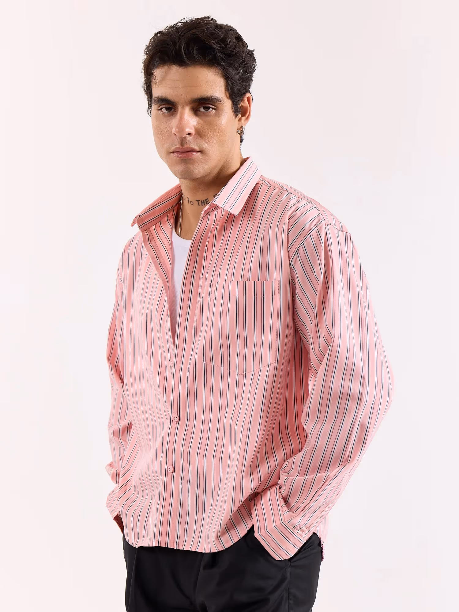 Salmon Pink & Blue Striped Poplin Oversized Shirt image 6